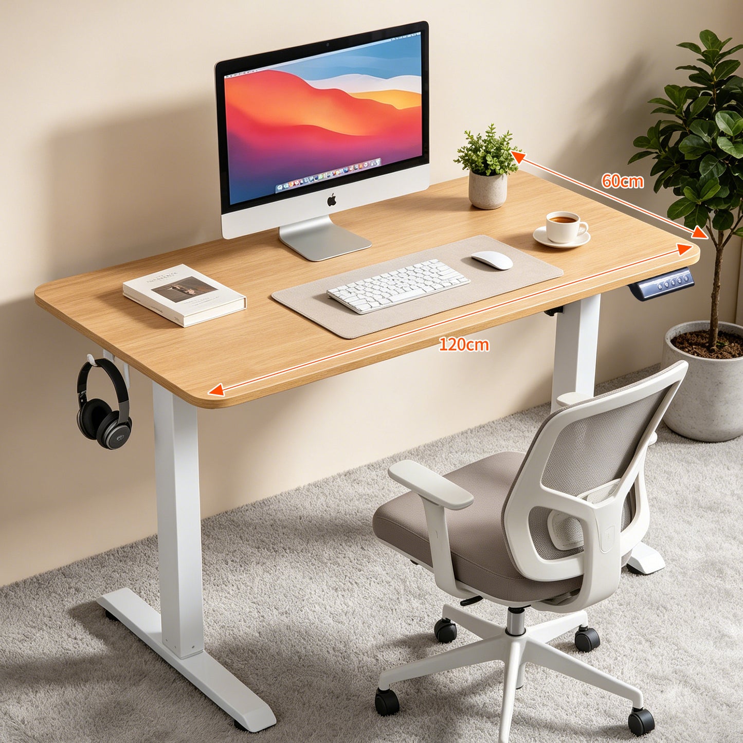 120 × 60 cm Electric Height Adjustable Standing Desk – Sit Stand Computer Table with Digital Control, Hooks & Large Worktop for Home Office, Natural Oak
