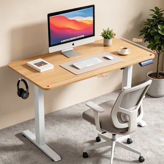120 × 60 cm Electric Height Adjustable Standing Desk – Sit Stand Computer Table with Digital Control, Hooks & Large Worktop for Home Office, Natural Oak