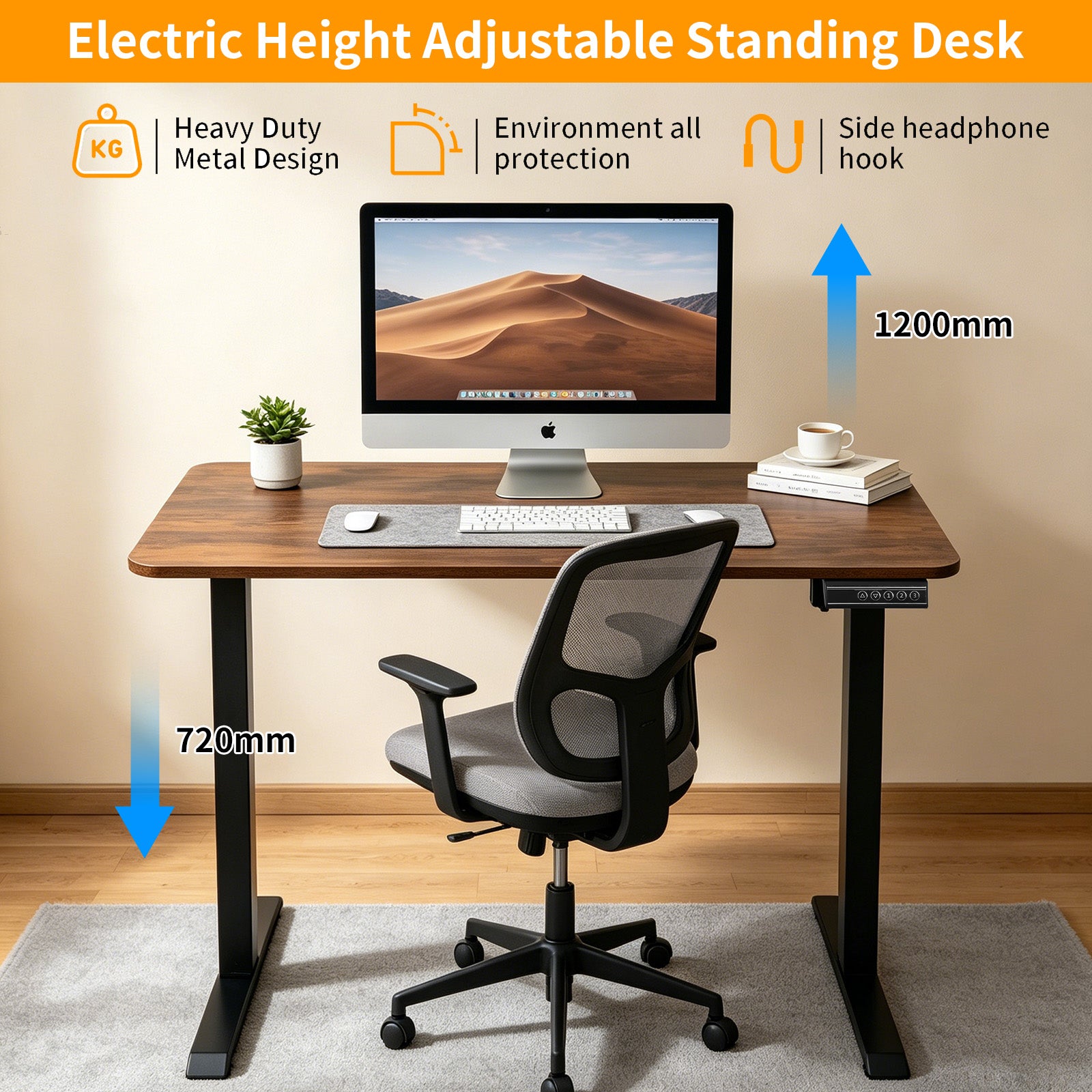 100CM Electric Standing Desk – Rustic Brown Height Adjustable Sit Stand Desk with Hooks, Digital Control Panel & Sturdy Metal Frame for Home Office or Study