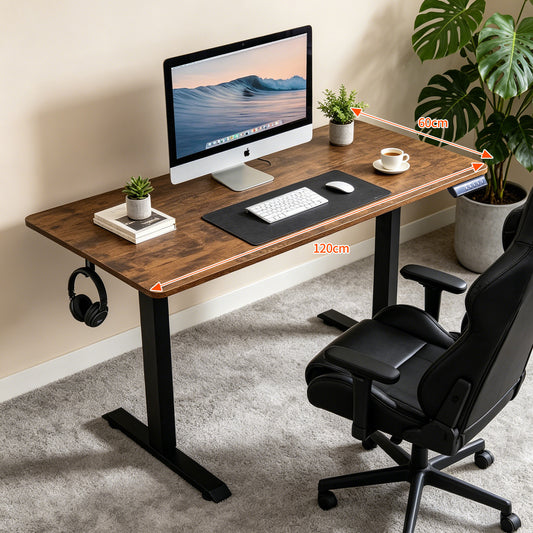120 × 60 cm Electric Height Adjustable Standing Desk – Sit Stand Computer Table with Digital Control, Hooks & Large Worktop for Home Office, Antique Brown