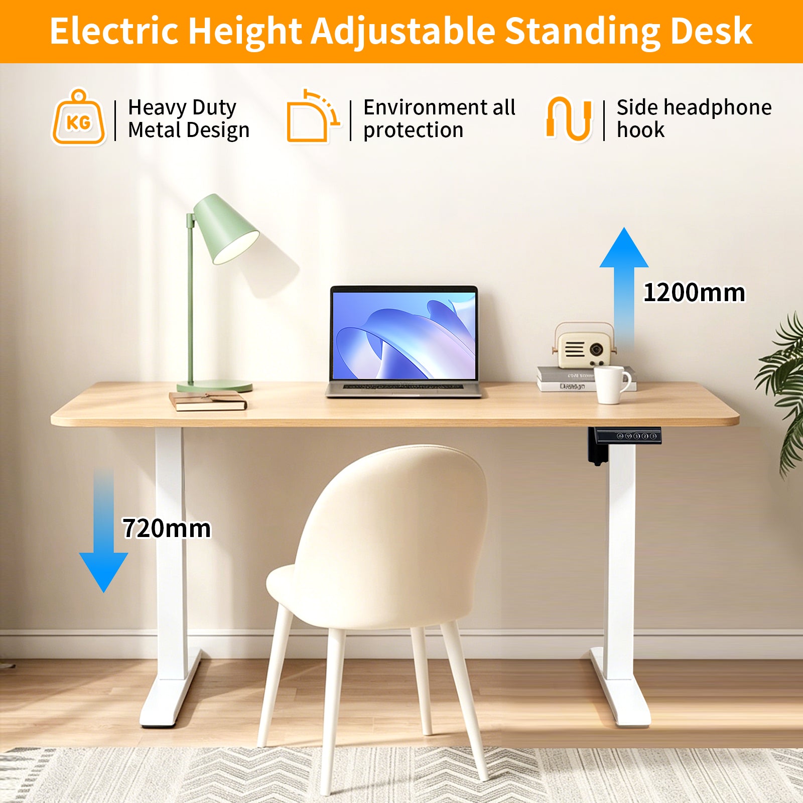 Avoltrix 100CM Electric Standing Desk – One-Piece Oak Desktop Height Adjustable Sit Stand Desk with Hooks, Digital Control Panel & Sturdy Metal Frame for Home Office or Study