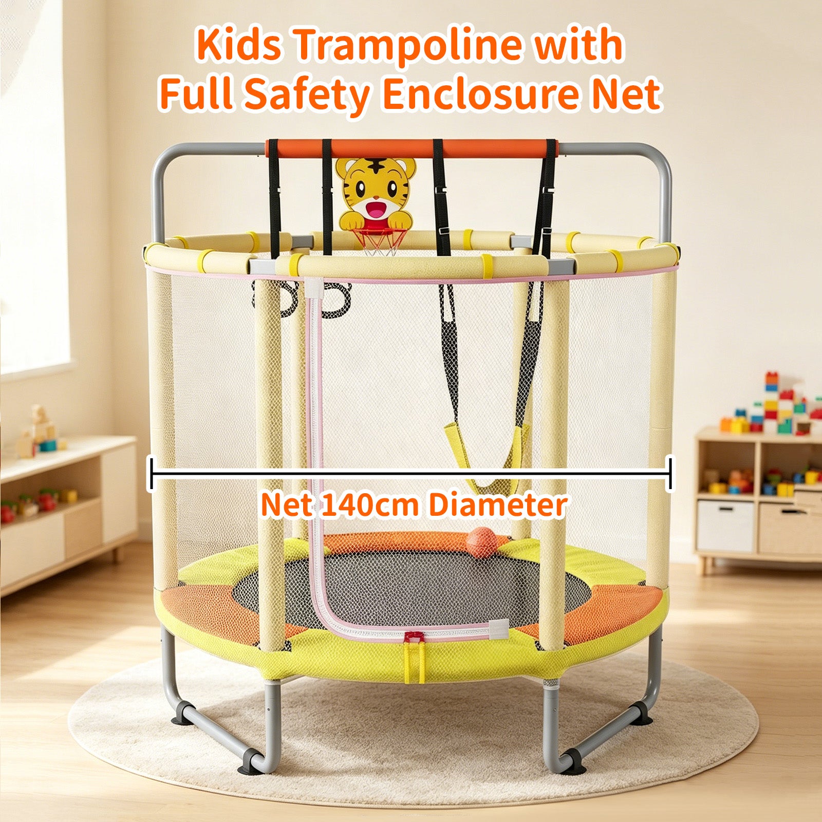 Avoltrix 55 Inch Kids Trampoline with Safety Net, Adjustable Gymnastics Horizontal Bar, 140cm Indoor Outdoor Mini Trampoline for Toddlers & Children, Max Capacity 100kg