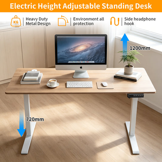 140 × 60 cm Electric Height Adjustable Standing Desk – Sit Stand Computer Table with Digital Control, Hooks & Large Worktop for Home Office, Basswood Oak Grain