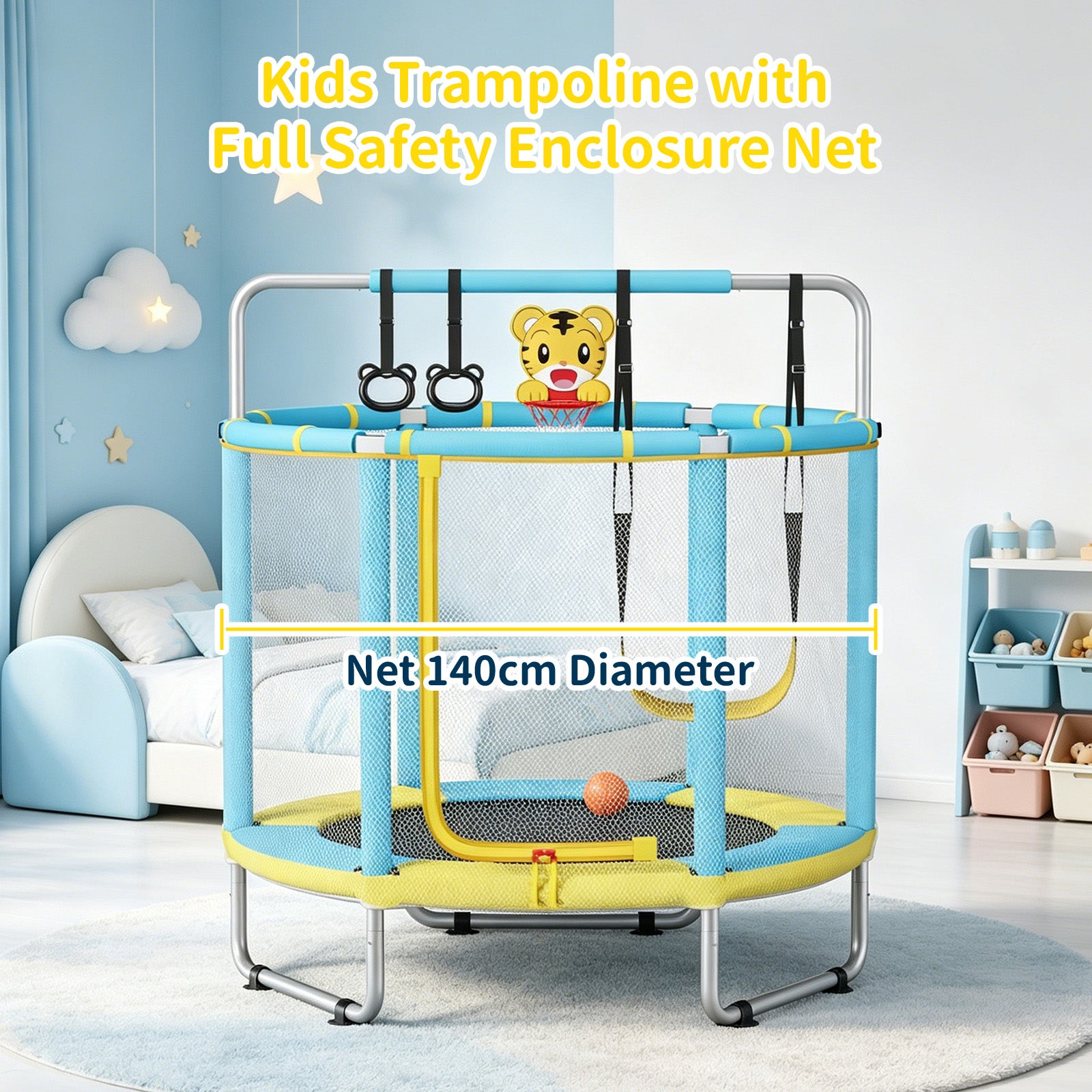 Avoltrix 55 Inch Kids Trampoline with Safety Net, Adjustable Gymnastics Horizontal Bar, 140cm Indoor Outdoor Mini Trampoline for Toddlers & Children, Max Capacity 100kg