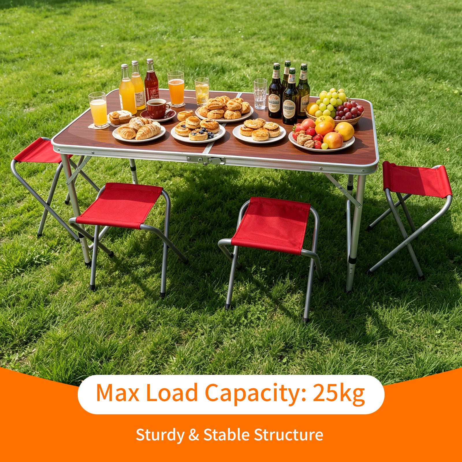Avoltrix 1.2M Folding Camping Table Set with 4 Stools Portable Aluminium Picnic BBQ Table Height Adjustable Red