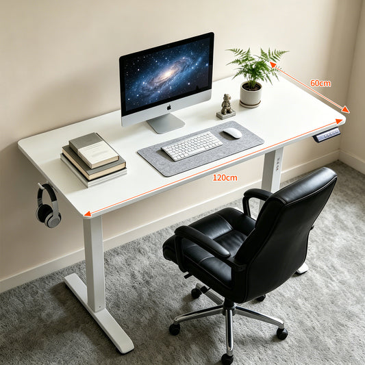 120 × 60 cm Electric Height Adjustable Standing Desk – Sit Stand Computer Table with Digital Control, Hooks & Large Worktop for Home Office, White