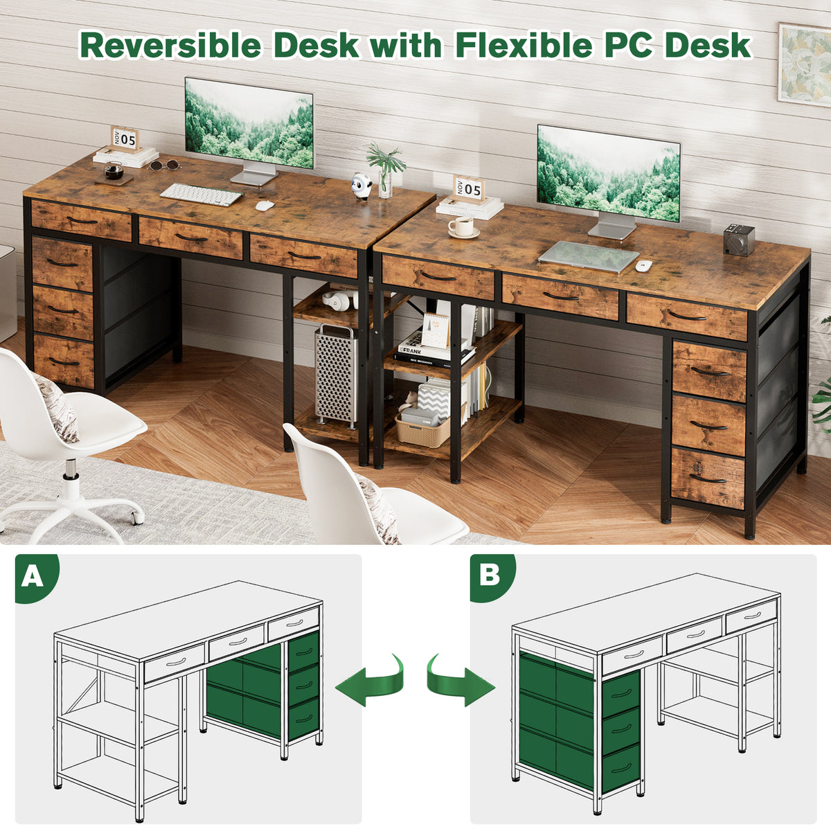Avoltrix Computer Desk with Drawers and Shelves – Reversible Storage Table for Home Office, Study or Gaming, Rustic Brown