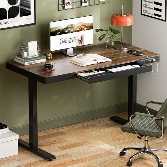 ApexSpace Electric Standing Desk with Drawer, USB Ports & Power Outlets – Height Adjustable, 120×60CM Walnut Finish Table for Home Office