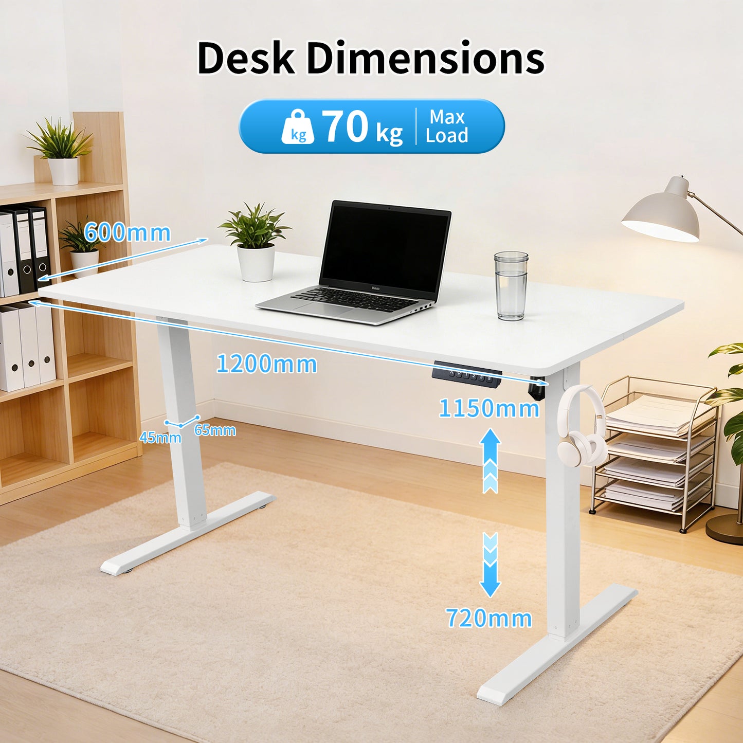 Electric Standing Desk 120x60cm, Height Adjustable Sit Stand Desk with 3 Memory Presets, 70kg Heavy Duty Ergonomic Computer Desk for Home Office,White