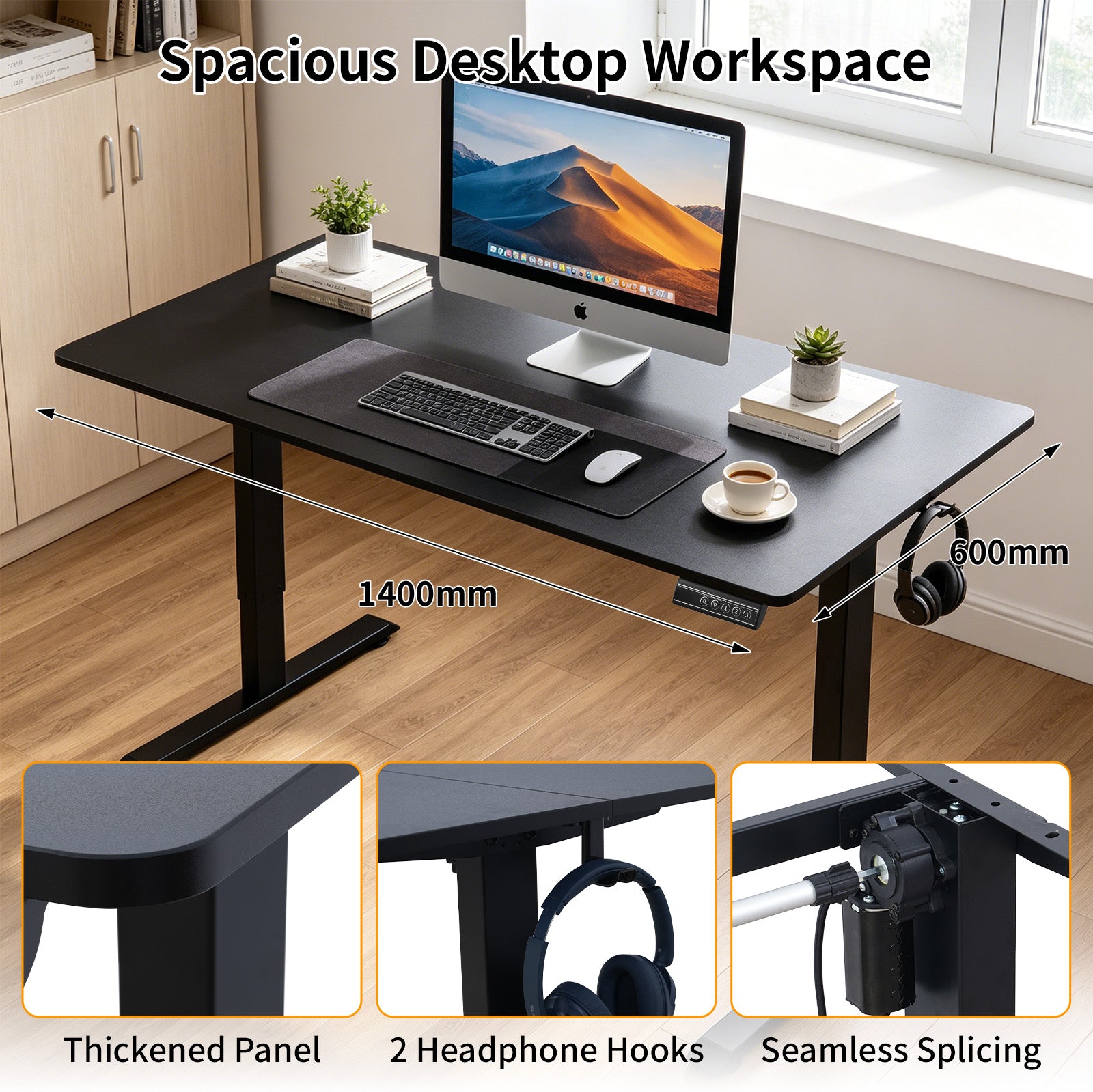 140 × 60 cm Avoltrix Electric Height Adjustable Standing Desk – Sit Stand Computer Table with Digital Control, Hooks & Large Worktop for Home Office, Black