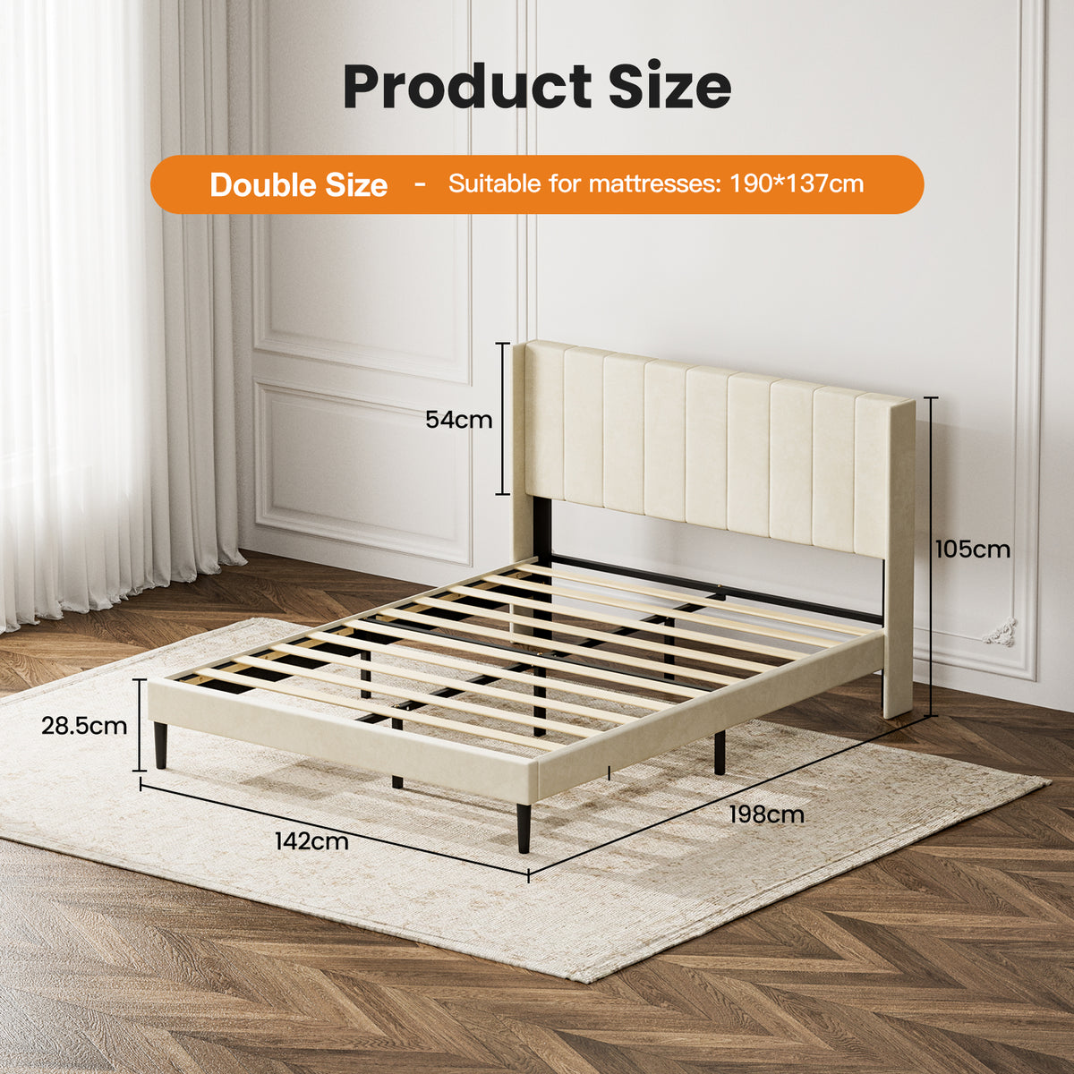 Avoltrix Double Bed Frame – Velvet Upholstered with Soft Padded Headboard, Quiet Sturdy Metal Platform, No Box Spring Required, Beige (200 × 140 cm)