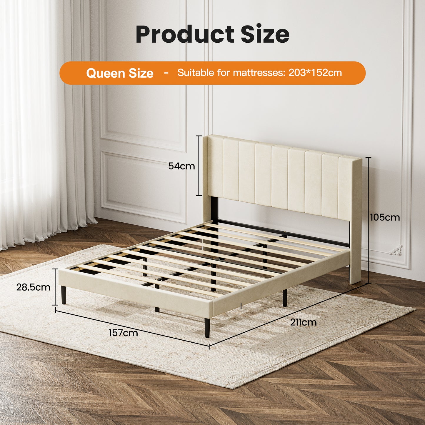 ApexSpace Queen Bed Frame – Velvet Upholstered with Soft Padded Headboard, Quiet Sturdy Metal & Wood Platform, No Box Spring Required, Beige (210×160 cm)