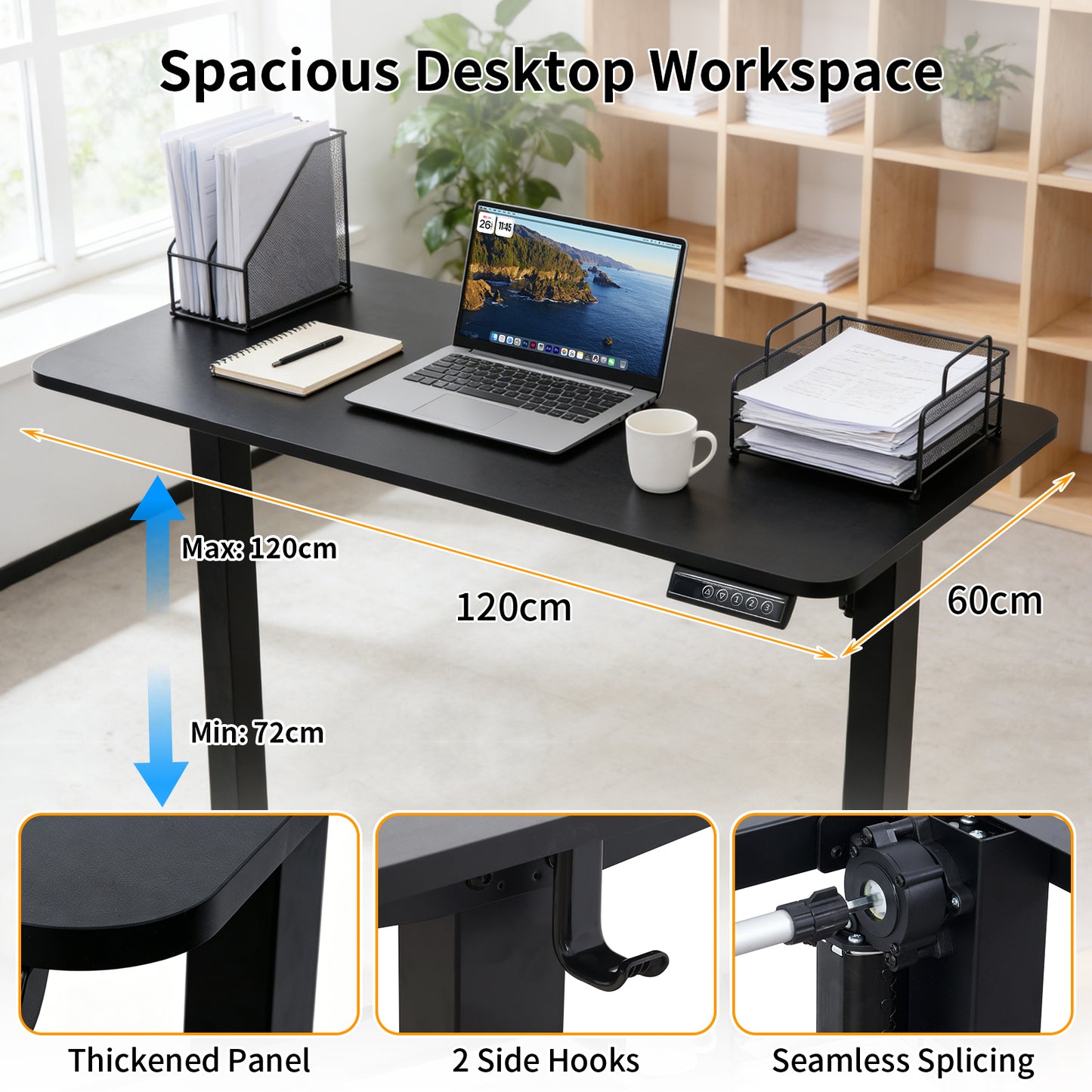 120 × 60 cm Electric Height Adjustable Standing Desk – Sit Stand Computer Table with Digital Control, Hooks & Large Worktop for Home Office, Black