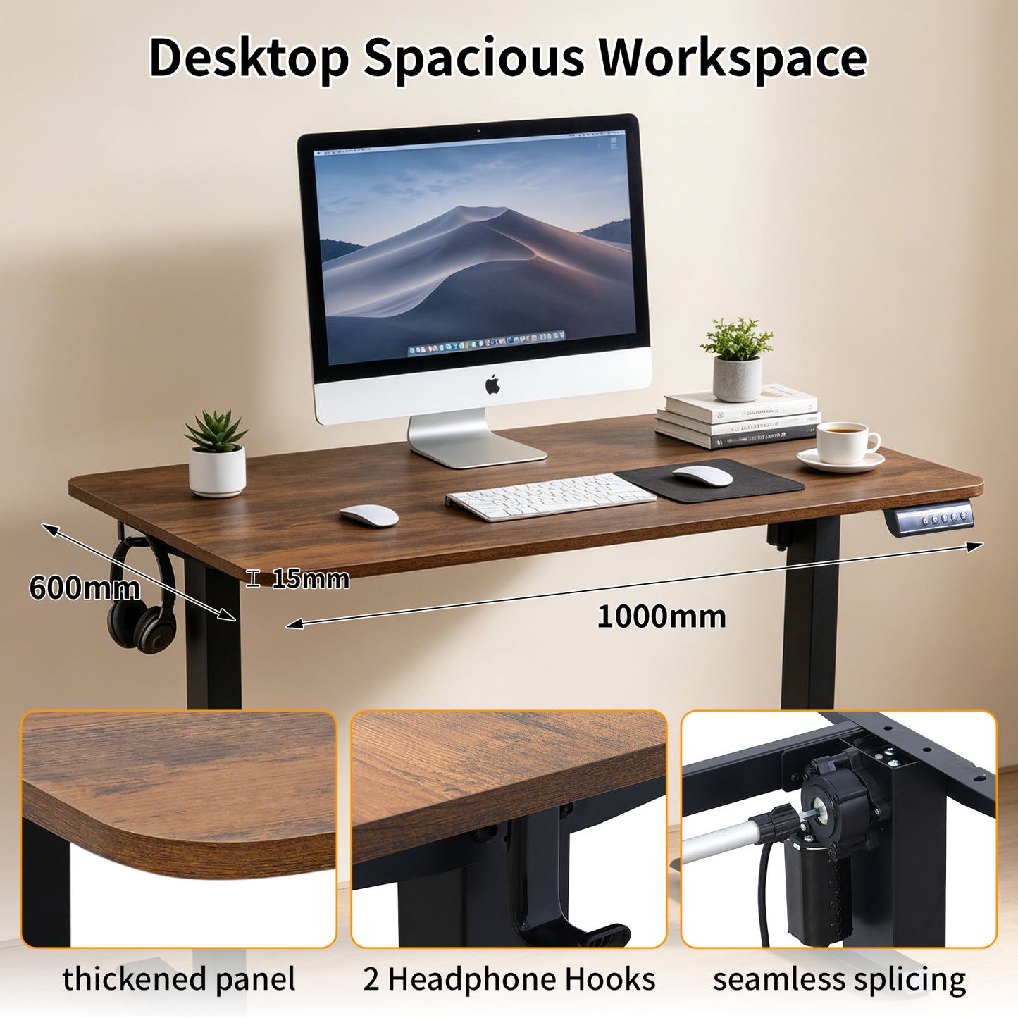 100CM Electric Standing Desk – Rustic Brown Height Adjustable Sit Stand Desk with Hooks, Digital Control Panel & Sturdy Metal Frame for Home Office or Study