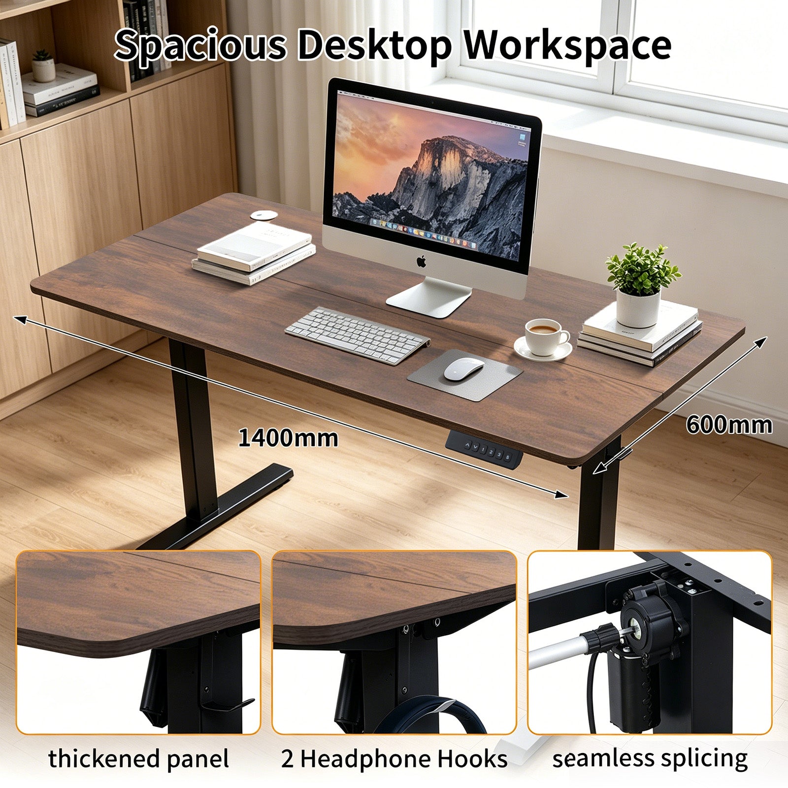 Avoltrix Electric Standing Desk 140x60cm, Height Adjustable Sit Stand Desk with 3 Memory Presets, Ergonomic Home Office Desk, 70kg Heavy-Duty Steel Frame, Tiger Oak Wood Grain