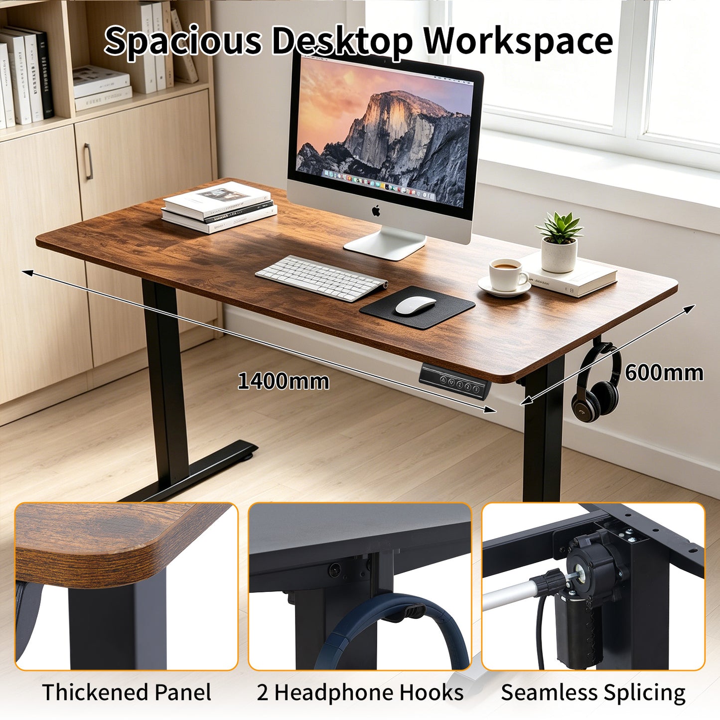 140 × 60 cm Electric Height Adjustable Standing Desk – Sit Stand Computer Table with Digital Control, Hooks & Large Worktop for Home Office, Walnut
