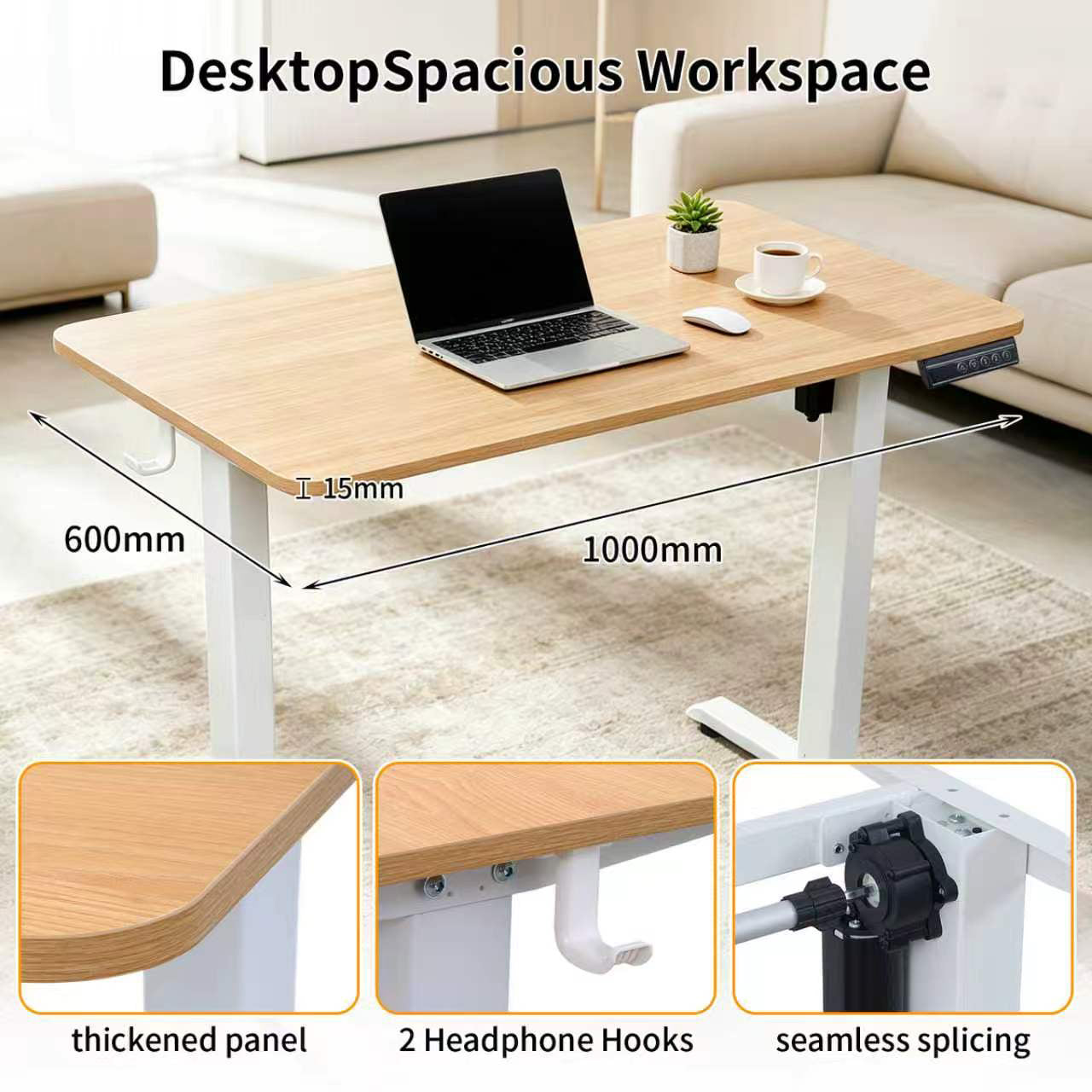 Avoltrix 100CM Electric Standing Desk – One-Piece Oak Desktop Height Adjustable Sit Stand Desk with Hooks, Digital Control Panel & Sturdy Metal Frame for Home Office or Study