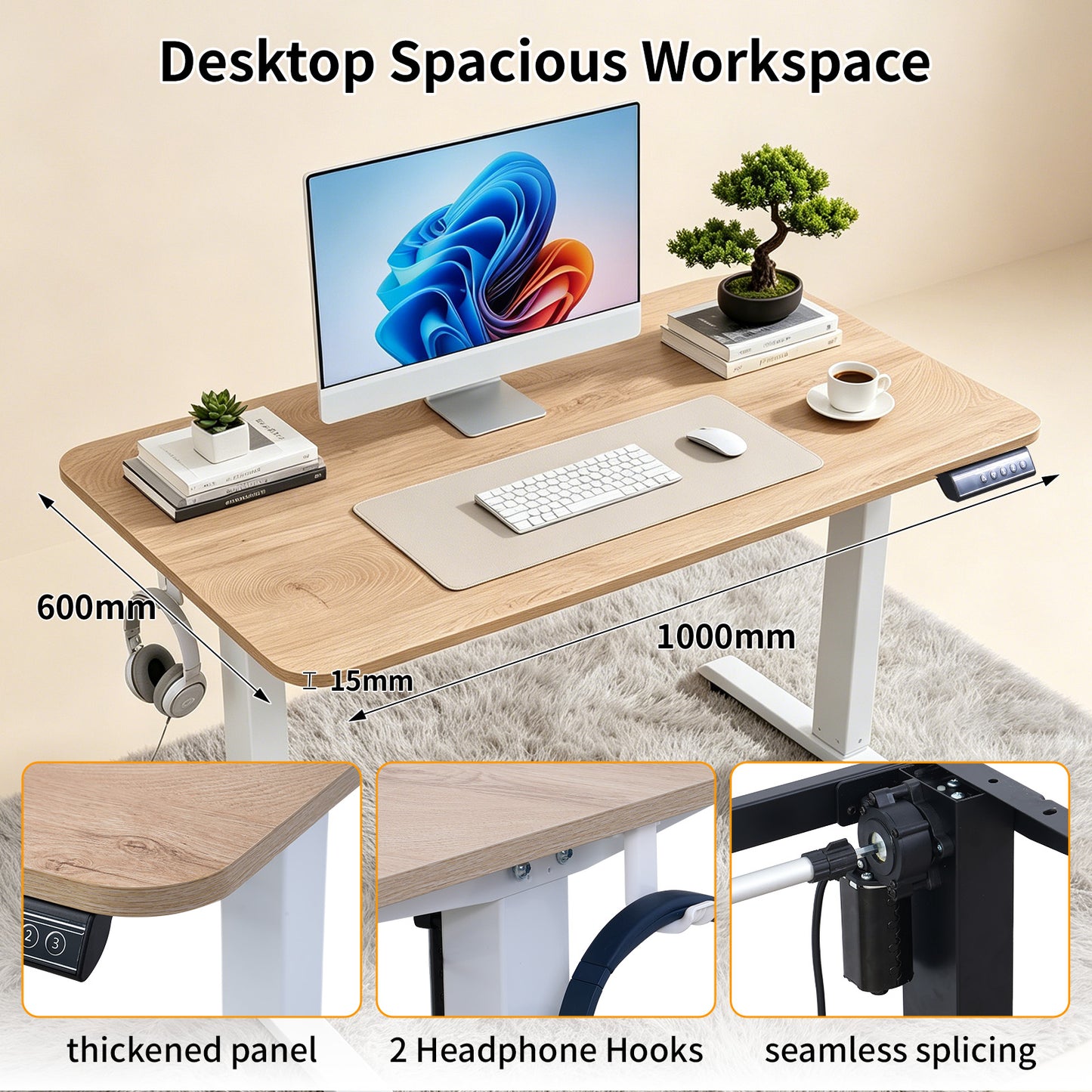 100CM Electric Standing Desk – Basswood Oak Grain Height Adjustable Sit Stand Desk with Hooks, Digital Control Panel & Sturdy Metal Frame for Home Office or Study