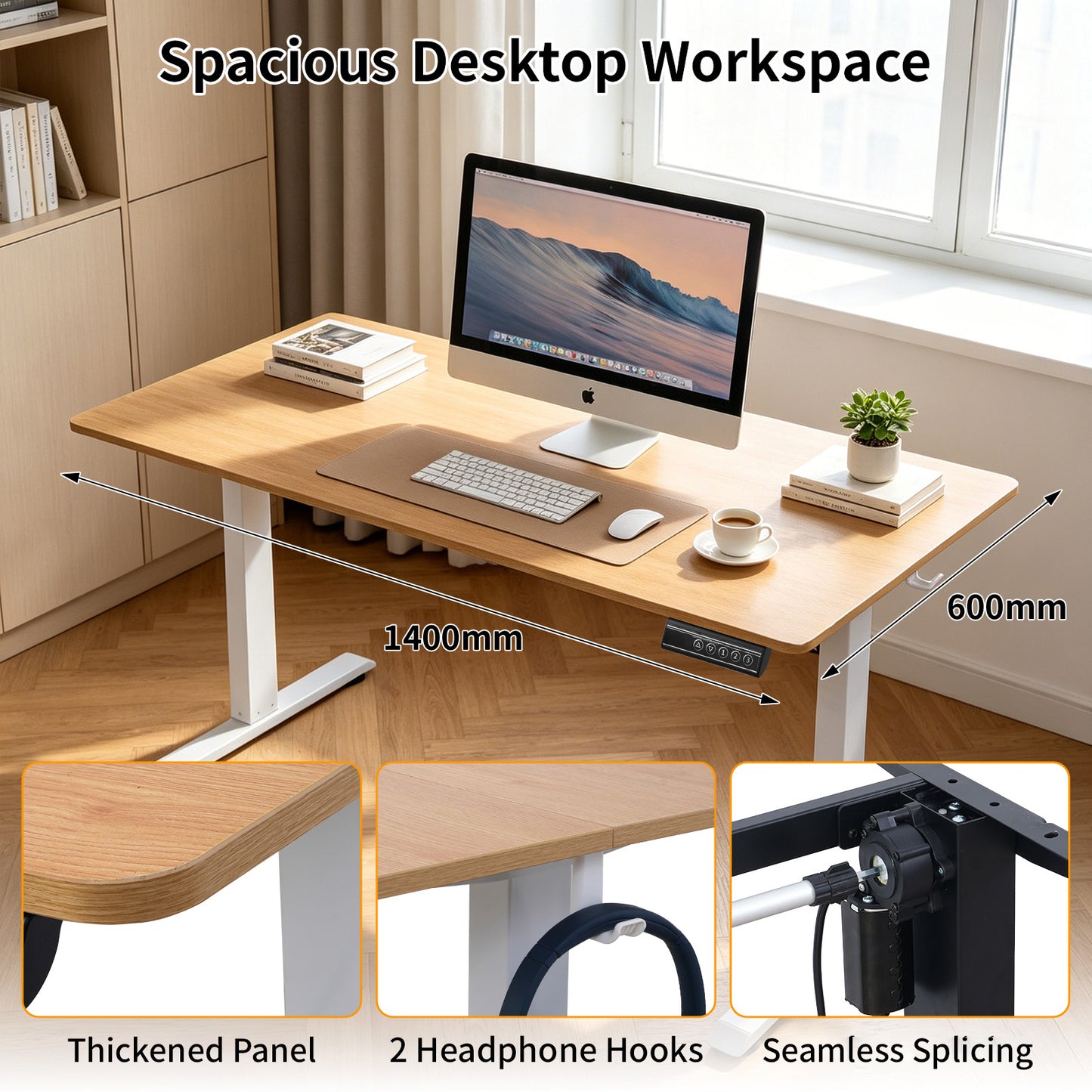 140 × 60 cm Electric Height Adjustable Standing Desk – Sit Stand Computer Table with Digital Control, Hooks & Large Worktop for Home Office, Light Wood