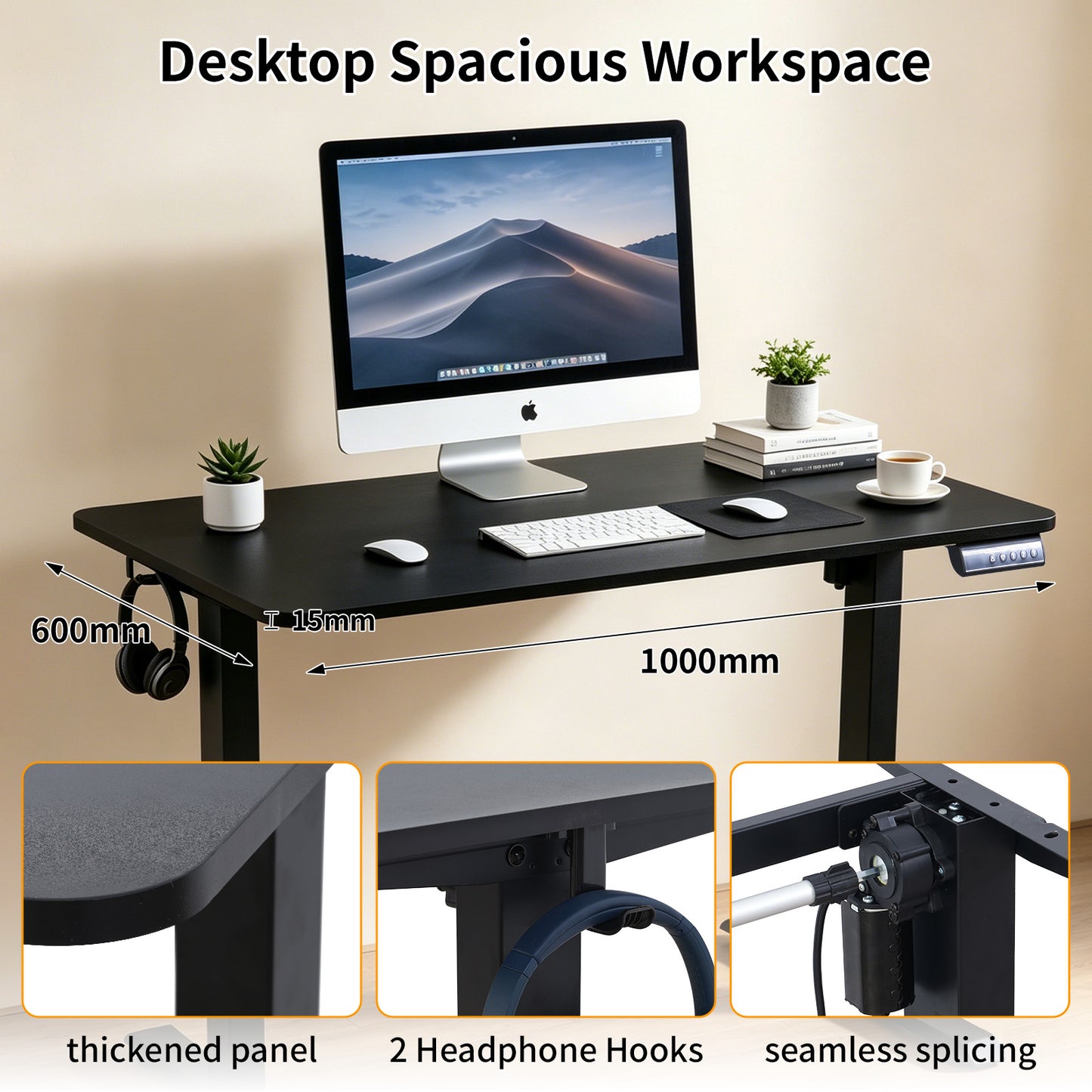 100CM Electric Standing Desk – Black  Height Adjustable Sit Stand Desk with Hooks, Digital Control Panel & Sturdy Metal Frame for Home Office or Study