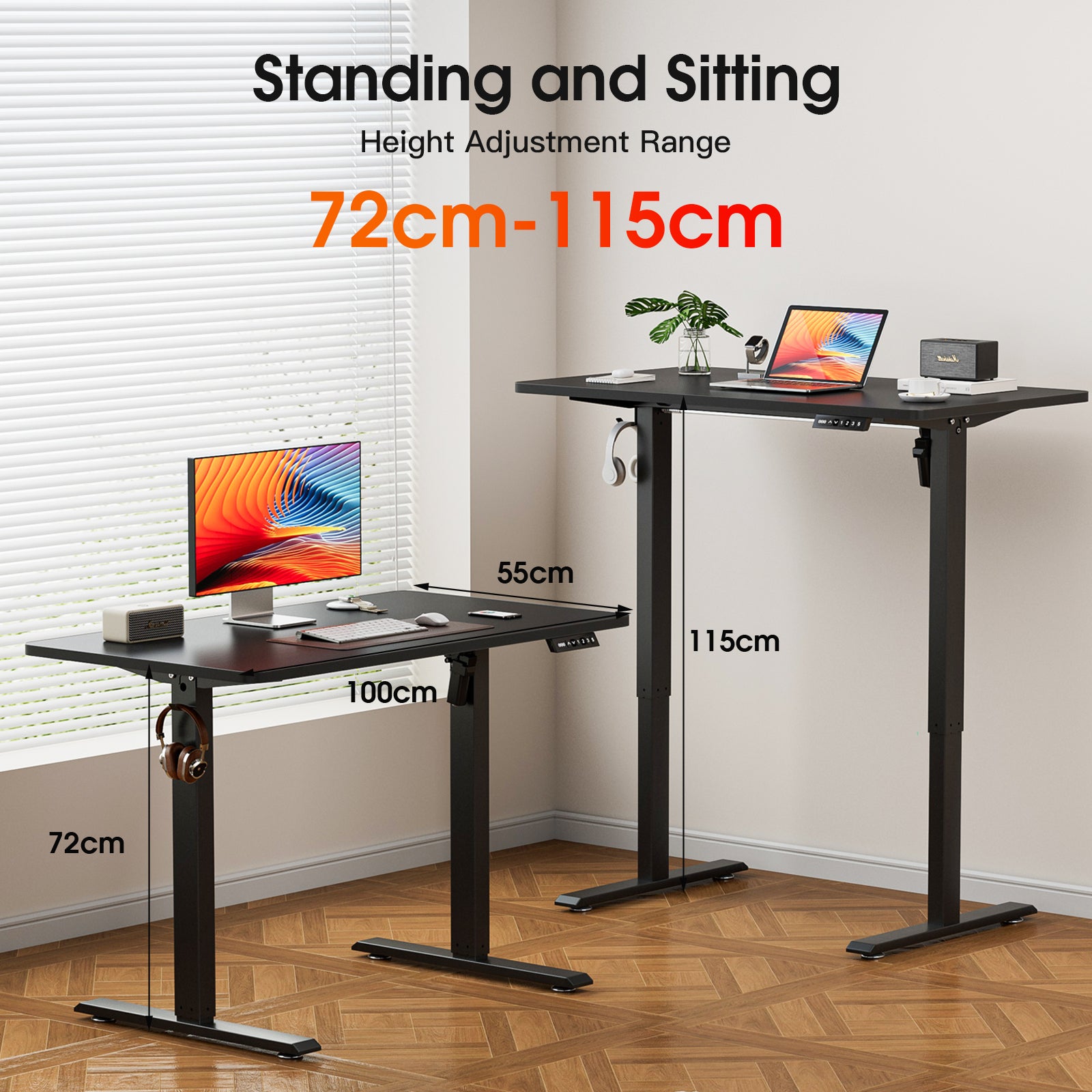 Avoltrix 100x55CM Electric Standing Desk, Height Adjustable Sit Stand Computer Desk with Hooks for Home Office or Study, Black