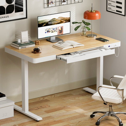 Avoltrix Electric Standing Desk with Drawer, USB Ports & Power Outlets – Height Adjustable, 120×60CM Maple Finish Table for Home Office