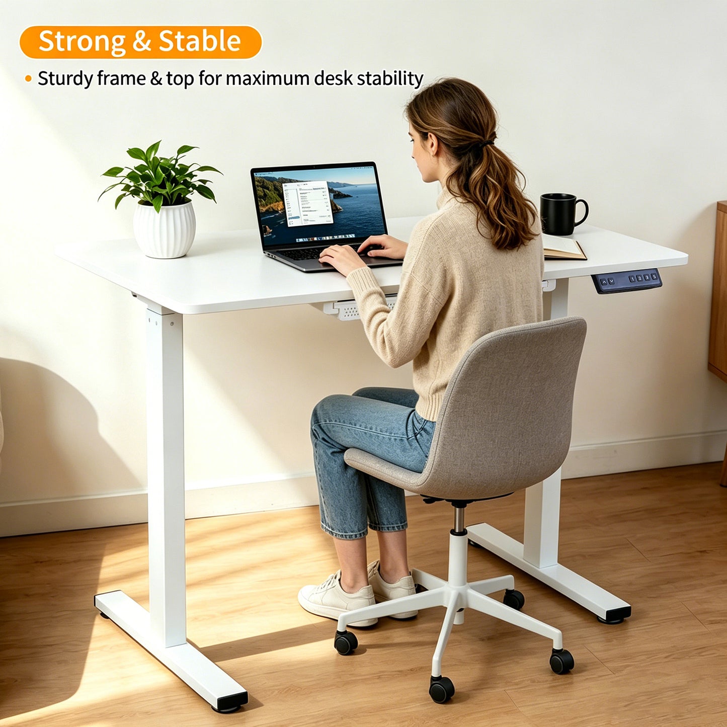 Electric Standing Desk 100x60cm with Drawer, Height Adjustable Sit Stand Desk with Memory Preset, Home Office Computer Desk, White