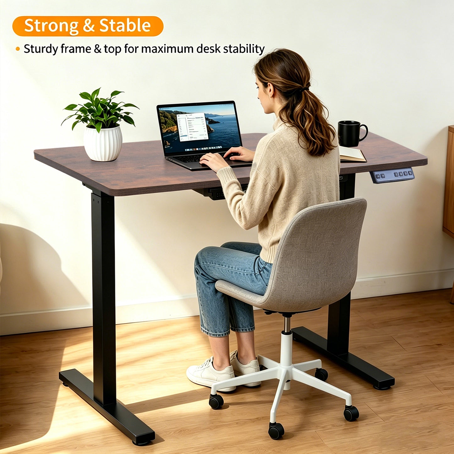 Electric Standing Desk 100x60cm with Drawer, Height Adjustable Sit Stand Desk with Memory Preset, Home Office Computer Desk, Black +Tiger stripe