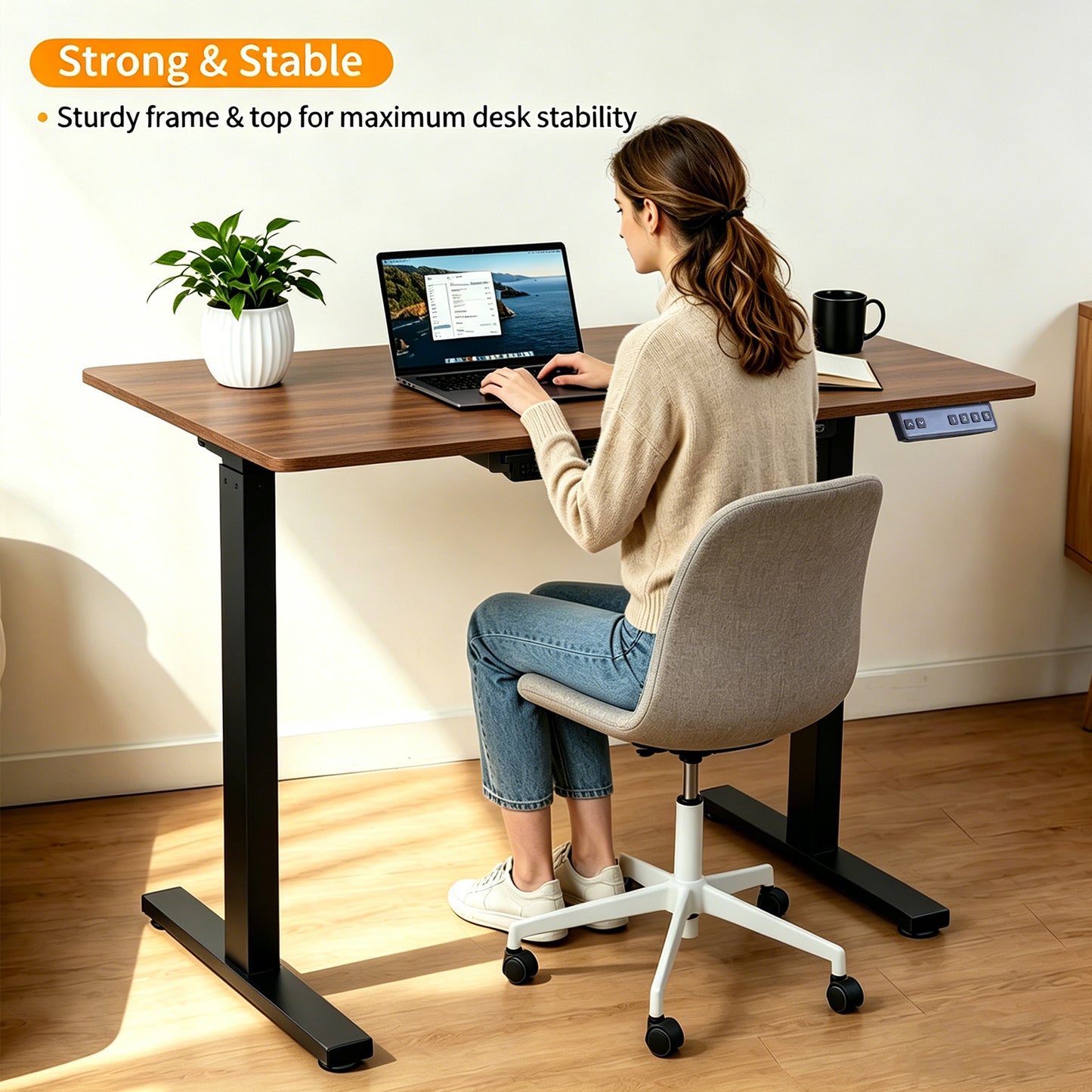 Electric Standing Desk 100x60cm with Drawer, Height Adjustable Sit Stand Desk with Memory Preset, Home Office Computer Desk, Black + Walnut