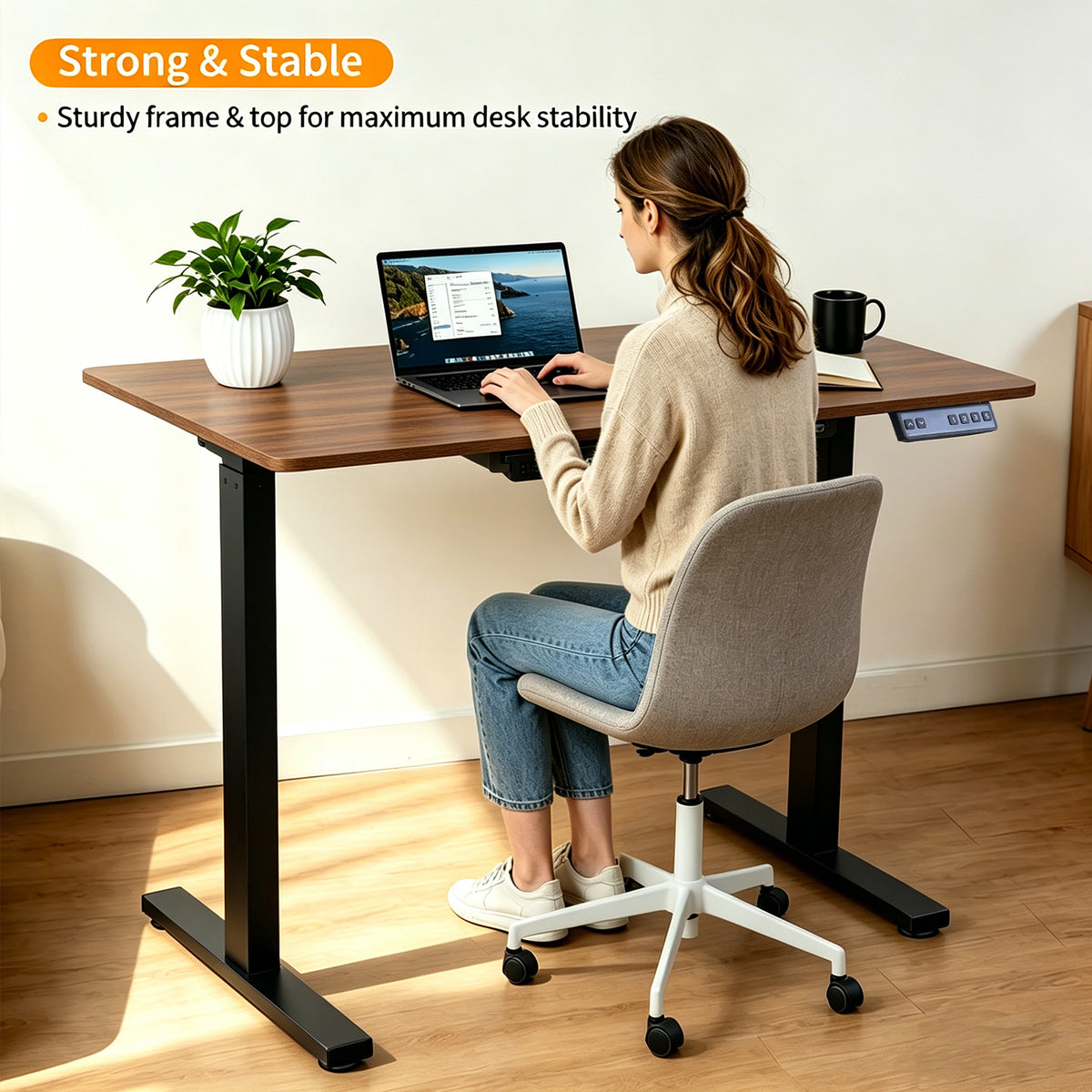 Electric Standing Desk 100x60cm with Drawer, Height Adjustable Sit Stand Desk with Memory Preset, Home Office Computer Desk, Black + Walnut