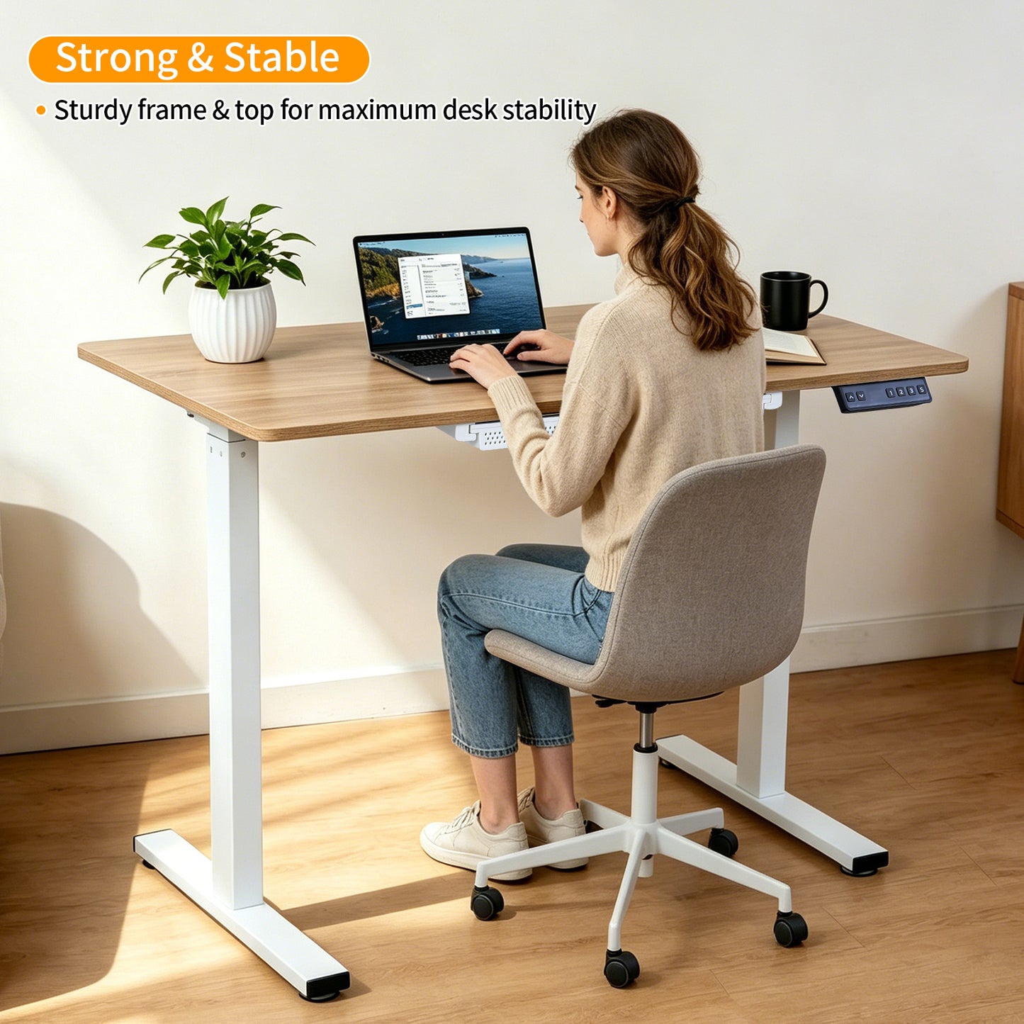 Electric Standing Desk 100x60cm with Drawer, Height Adjustable Sit Stand Desk with Memory Preset, Home Office Computer Desk, White + Maple