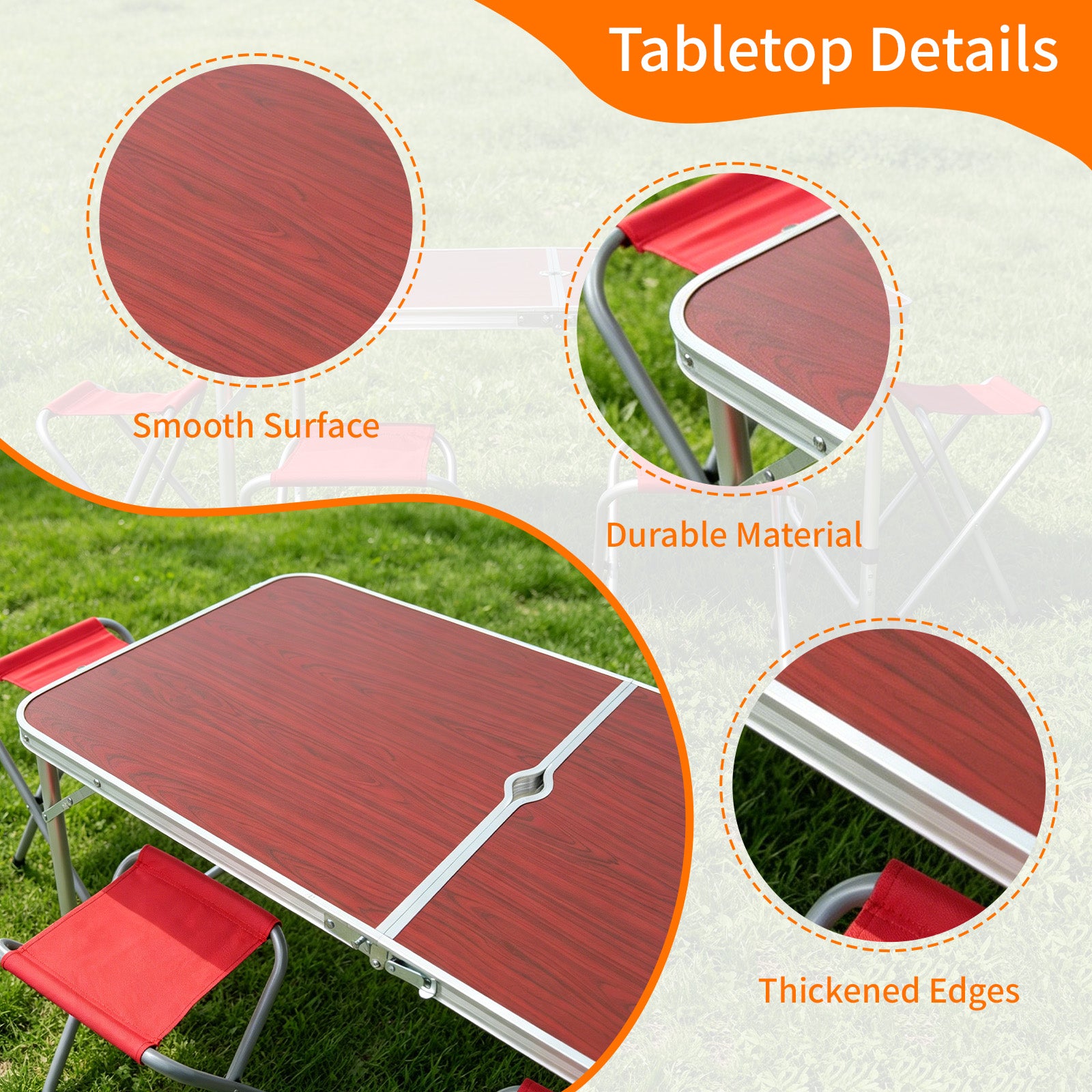 Avoltrix 1.2M Folding Camping Table Set with 4 Stools Portable Aluminium Picnic BBQ Table Height Adjustable Red