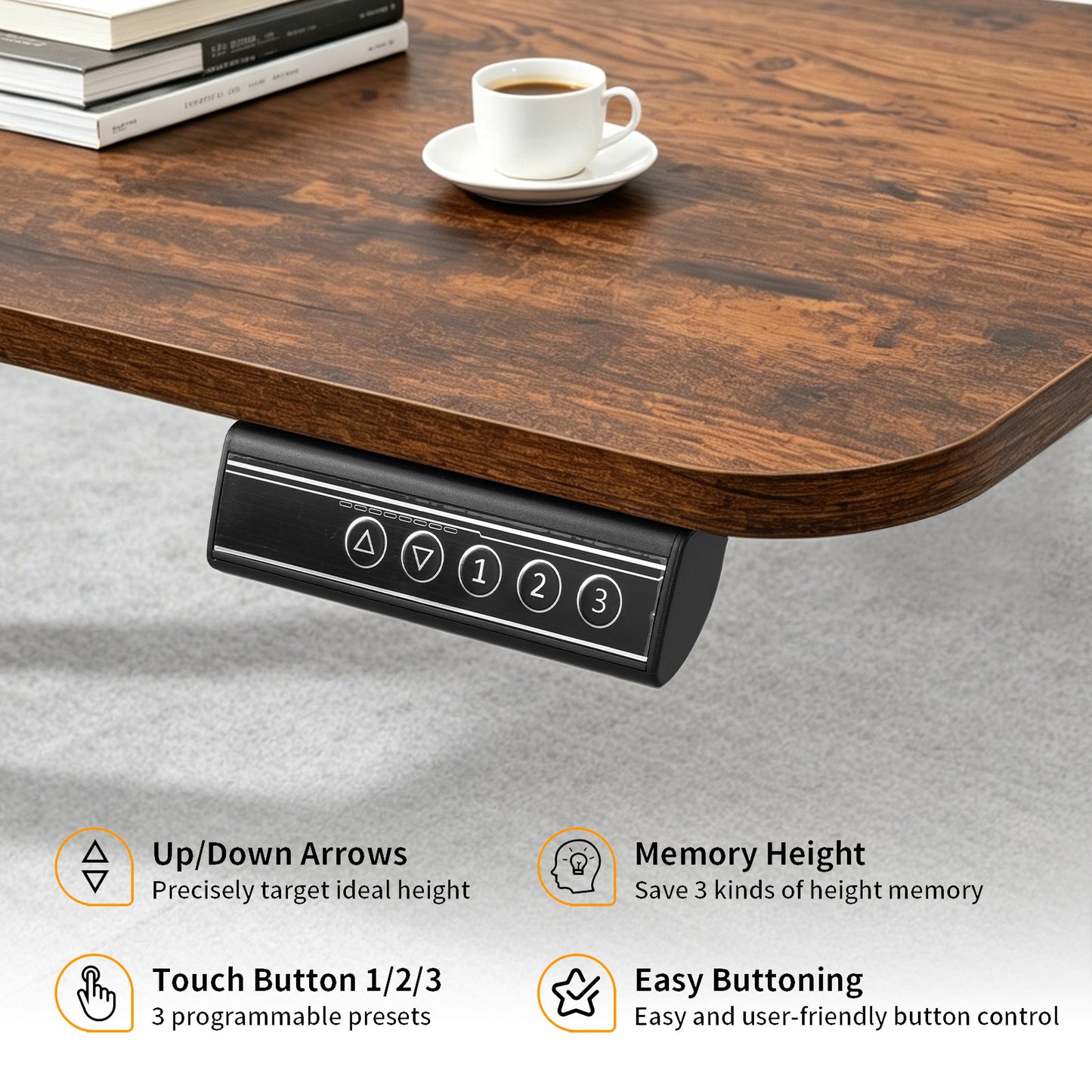100CM Electric Standing Desk – Rustic Brown Height Adjustable Sit Stand Desk with Hooks, Digital Control Panel & Sturdy Metal Frame for Home Office or Study