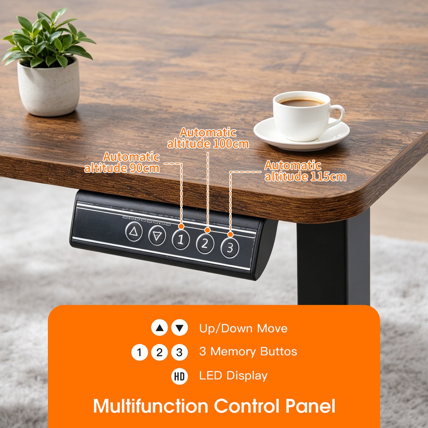 120 × 60 cm Electric Height Adjustable Standing Desk – Sit Stand Computer Table with Digital Control, Hooks & Large Worktop for Home Office, Antique Brown