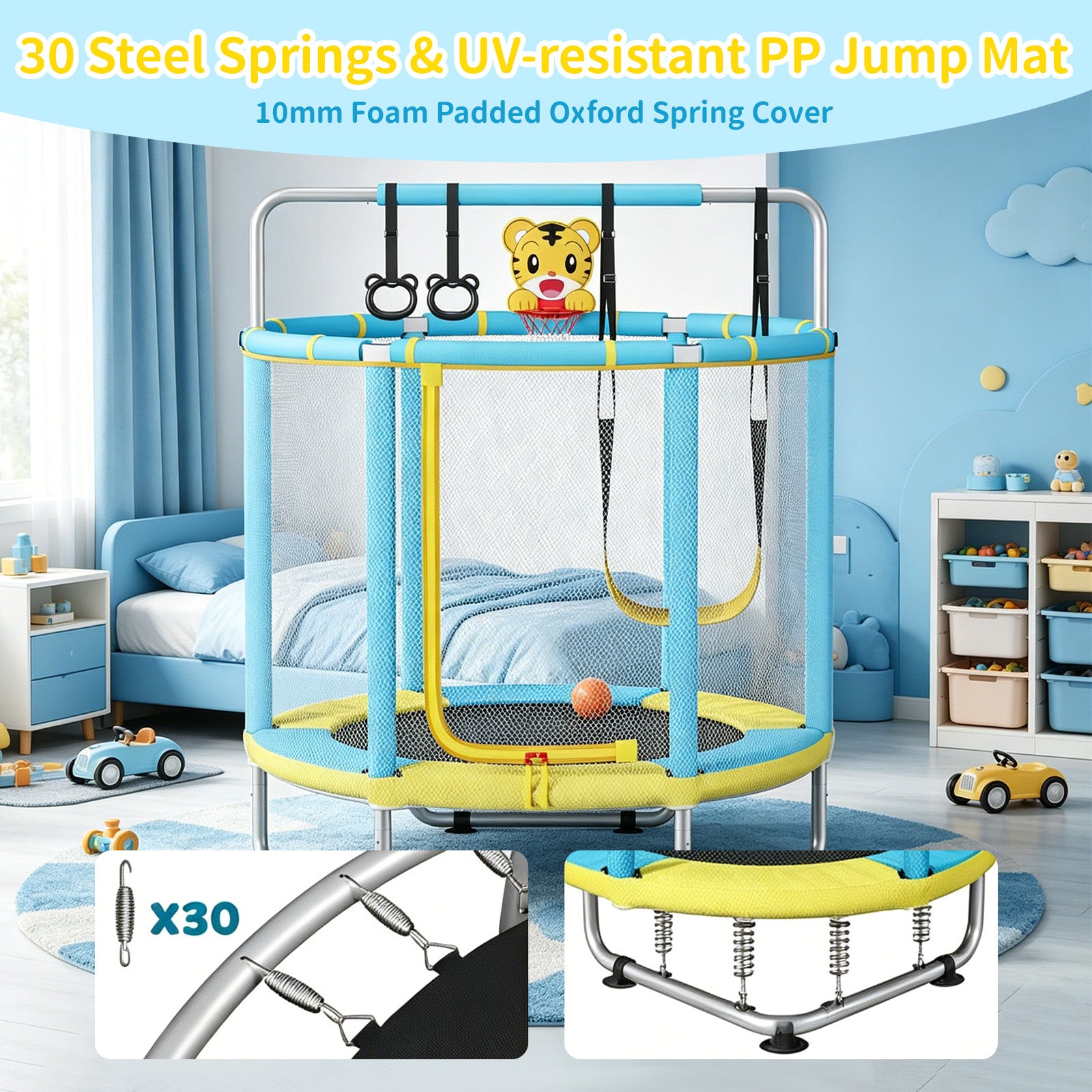 Avoltrix 55 Inch Kids Trampoline with Safety Net, Adjustable Gymnastics Horizontal Bar, 140cm Indoor Outdoor Mini Trampoline for Toddlers & Children, Max Capacity 100kg