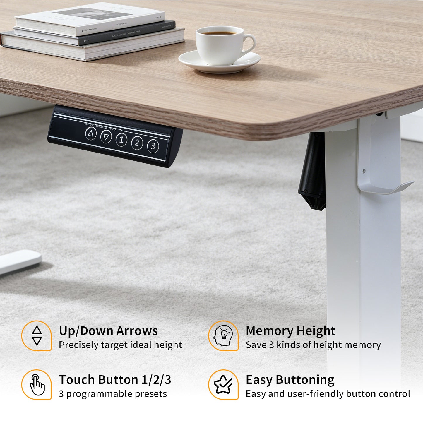 140 × 60 cm Electric Height Adjustable Standing Desk – Sit Stand Computer Table with Digital Control, Hooks & Large Worktop for Home Office, Basswood Oak Grain