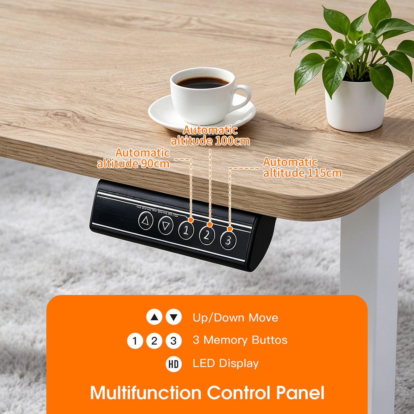 120 × 60 cm Electric Height Adjustable Standing Desk – Sit Stand Computer Table with Digital Control, Hooks & Large Worktop for Home Office, Basswood Oak Grain