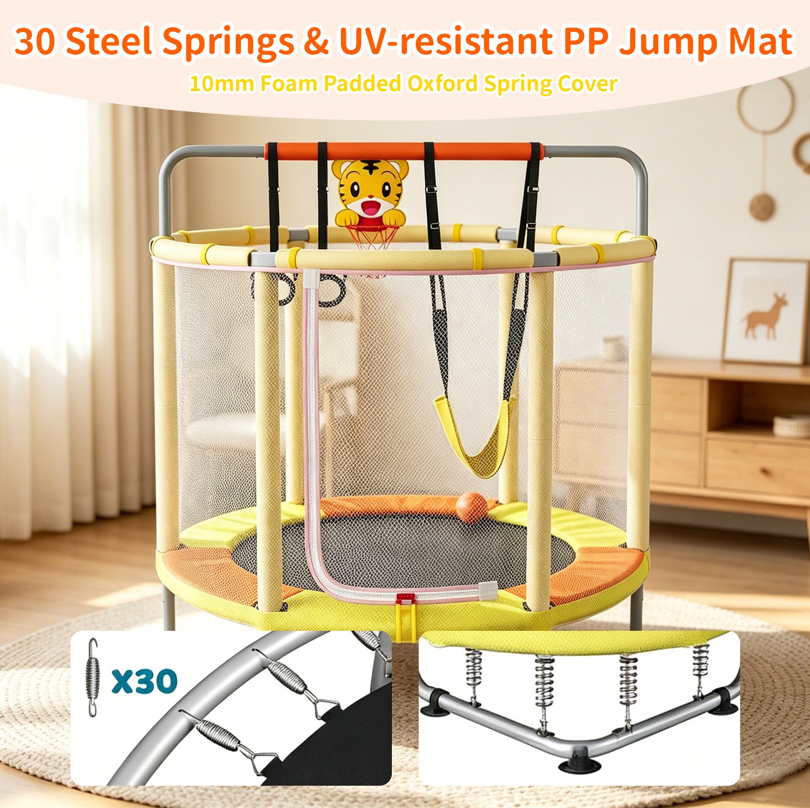 Avoltrix 55 Inch Kids Trampoline with Safety Net, Adjustable Gymnastics Horizontal Bar, 140cm Indoor Outdoor Mini Trampoline for Toddlers & Children, Max Capacity 100kg