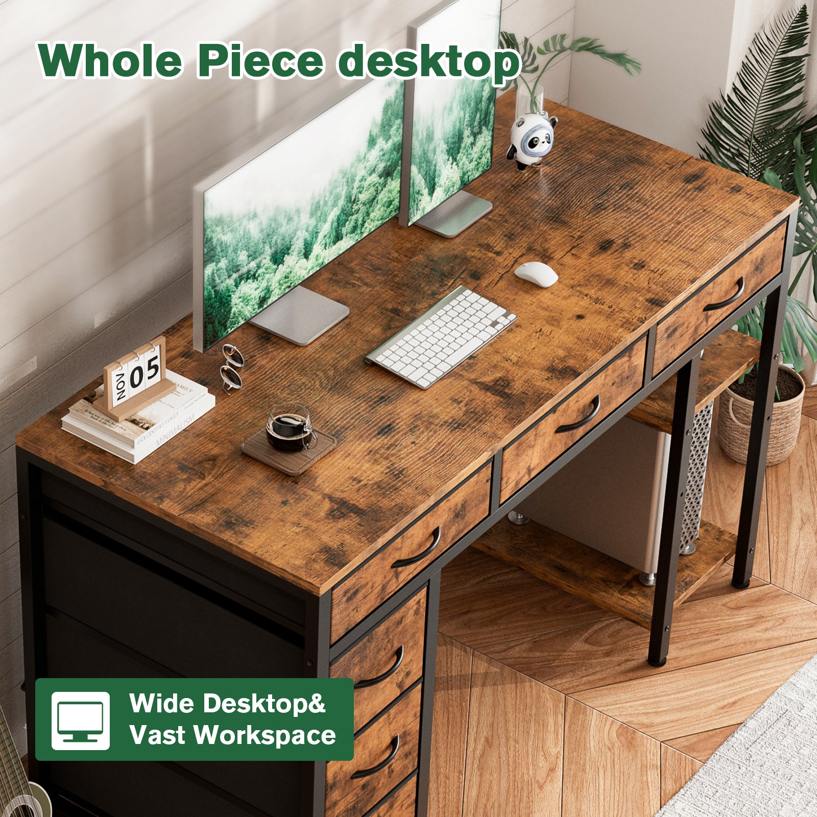 Avoltrix Computer Desk with Drawers and Shelves – Reversible Storage Table for Home Office, Study or Gaming, Rustic Brown