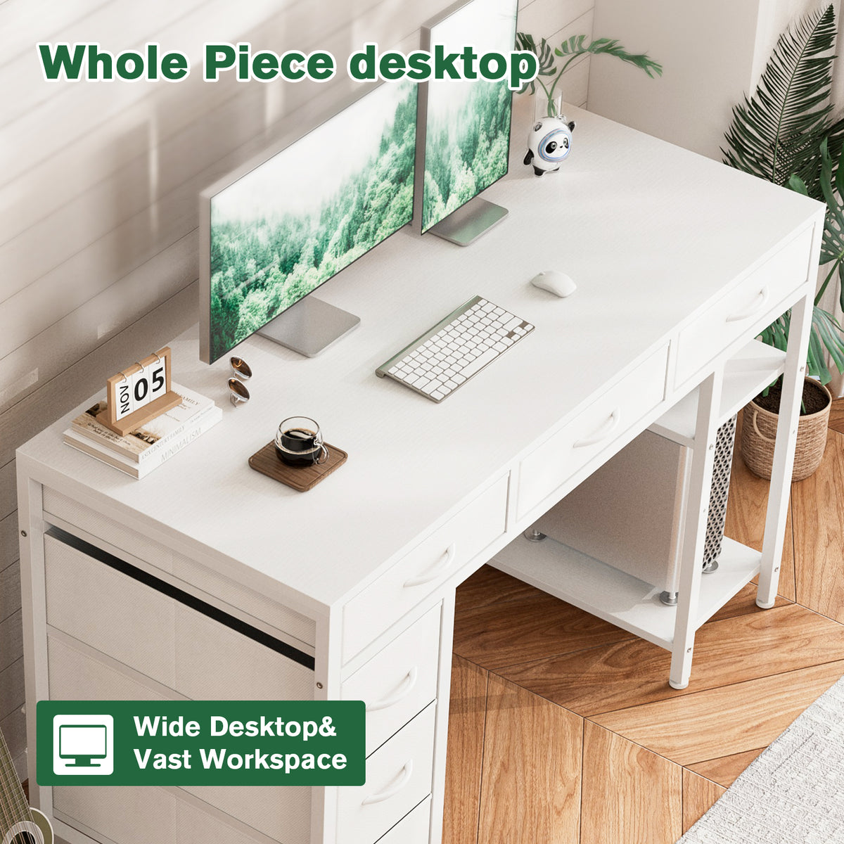 Avoltrix Computer Desk with 6 Drawers Reversible Storage 2-Tier Shelves Home Office Table Study Gaming Work 120CM White