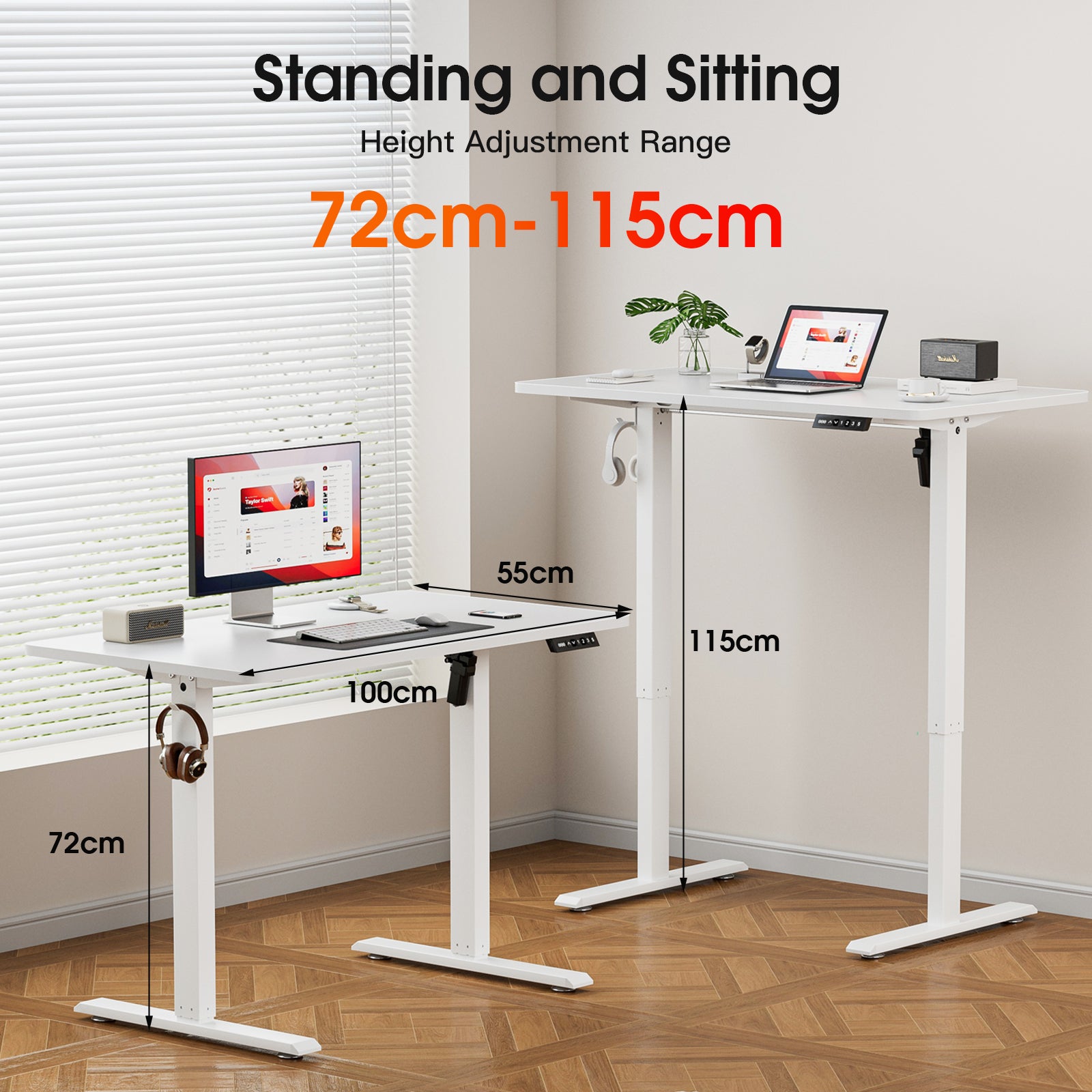 Avoltrix 100x55cm White Electric Height Adjustable Standing Desk Lifting Table with Hooks for Home Office Study and Work