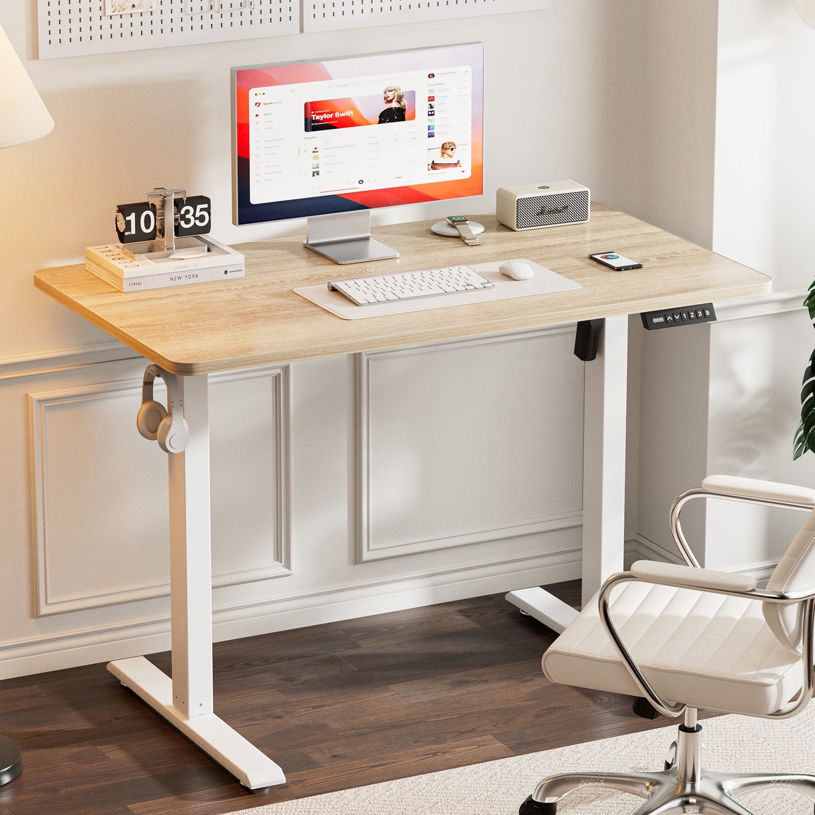 Avoltrix 100x55CM Electric Standing Desk, Height Adjustable Ergonomic Computer Desk with Hooks for Home Office or Study, Oak Colour