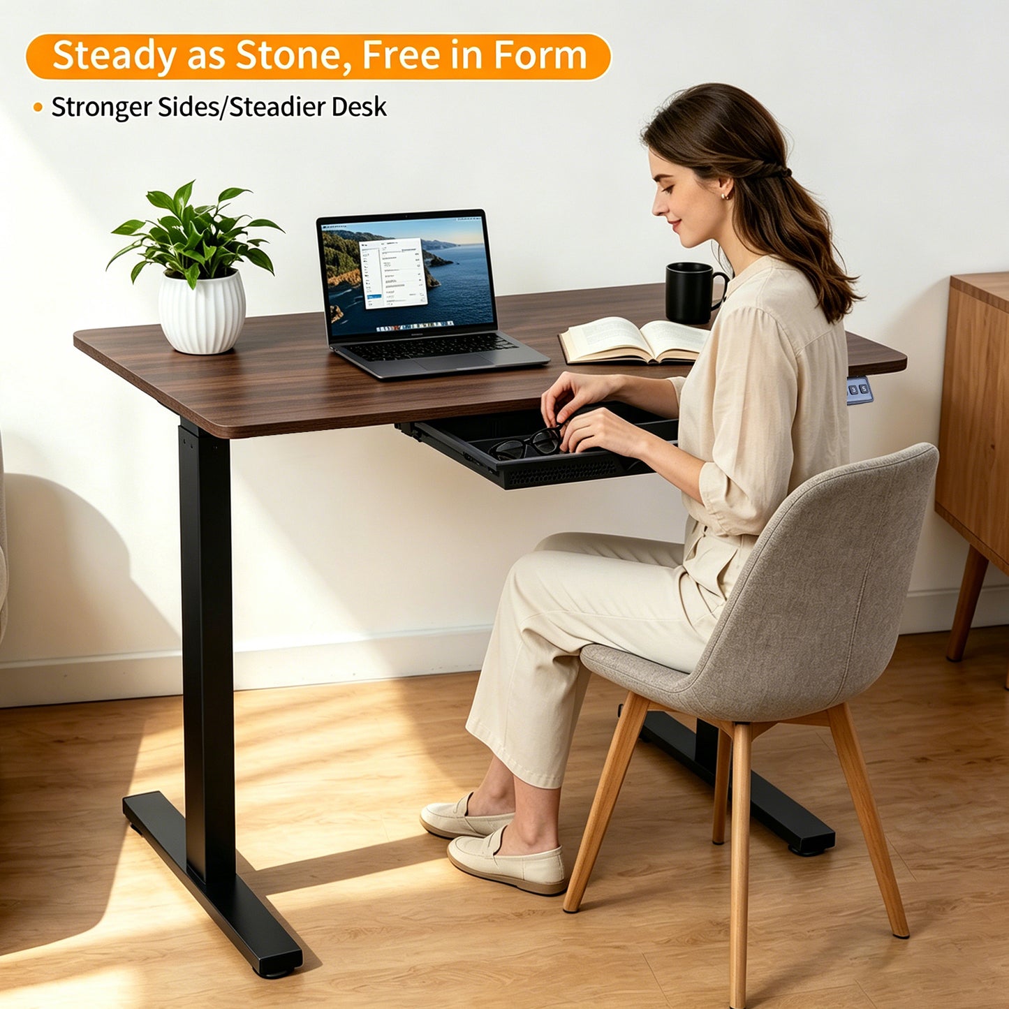 Electric Standing Desk 100x60cm with Drawer, Height Adjustable Sit Stand Desk with Memory Preset, Home Office Computer Desk, Black + Walnut
