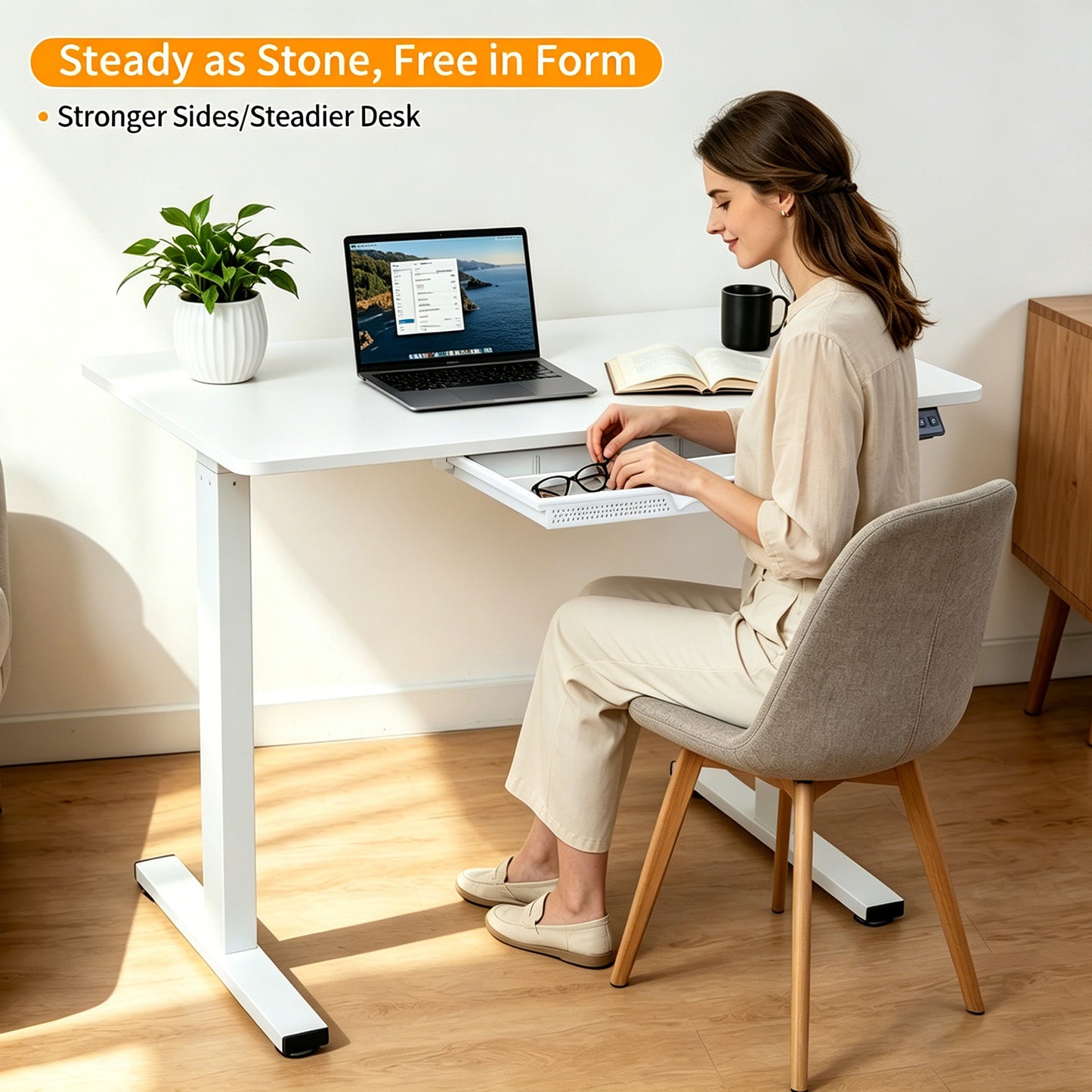 Electric Standing Desk 100x60cm with Drawer, Height Adjustable Sit Stand Desk with Memory Preset, Home Office Computer Desk, White