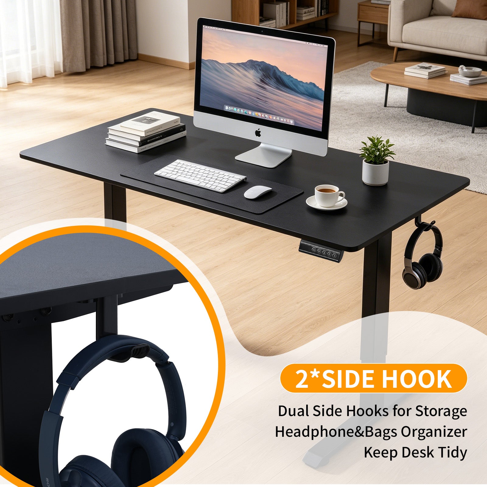 140 × 60 cm Avoltrix Electric Height Adjustable Standing Desk – Sit Stand Computer Table with Digital Control, Hooks & Large Worktop for Home Office, Black
