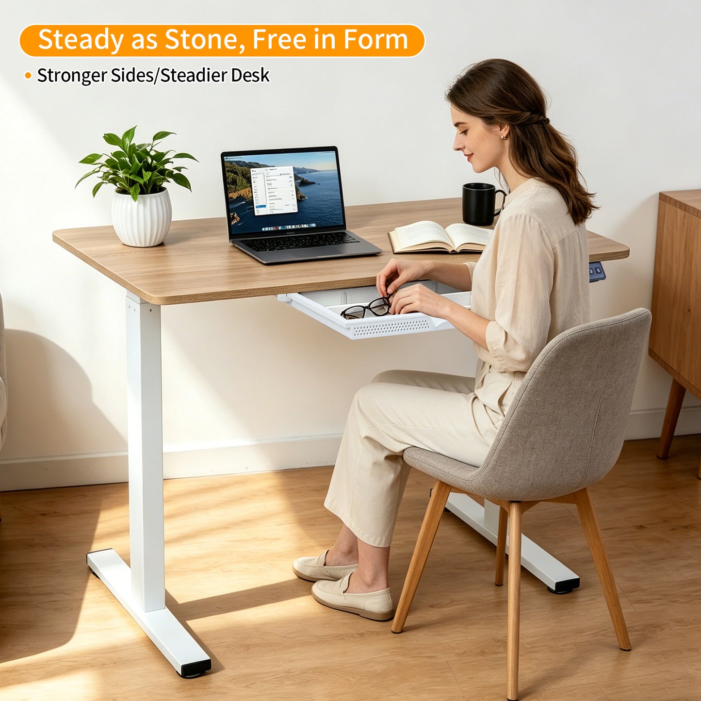 Electric Standing Desk 100x60cm with Drawer, Height Adjustable Sit Stand Desk with Memory Preset, Home Office Computer Desk, White + Maple