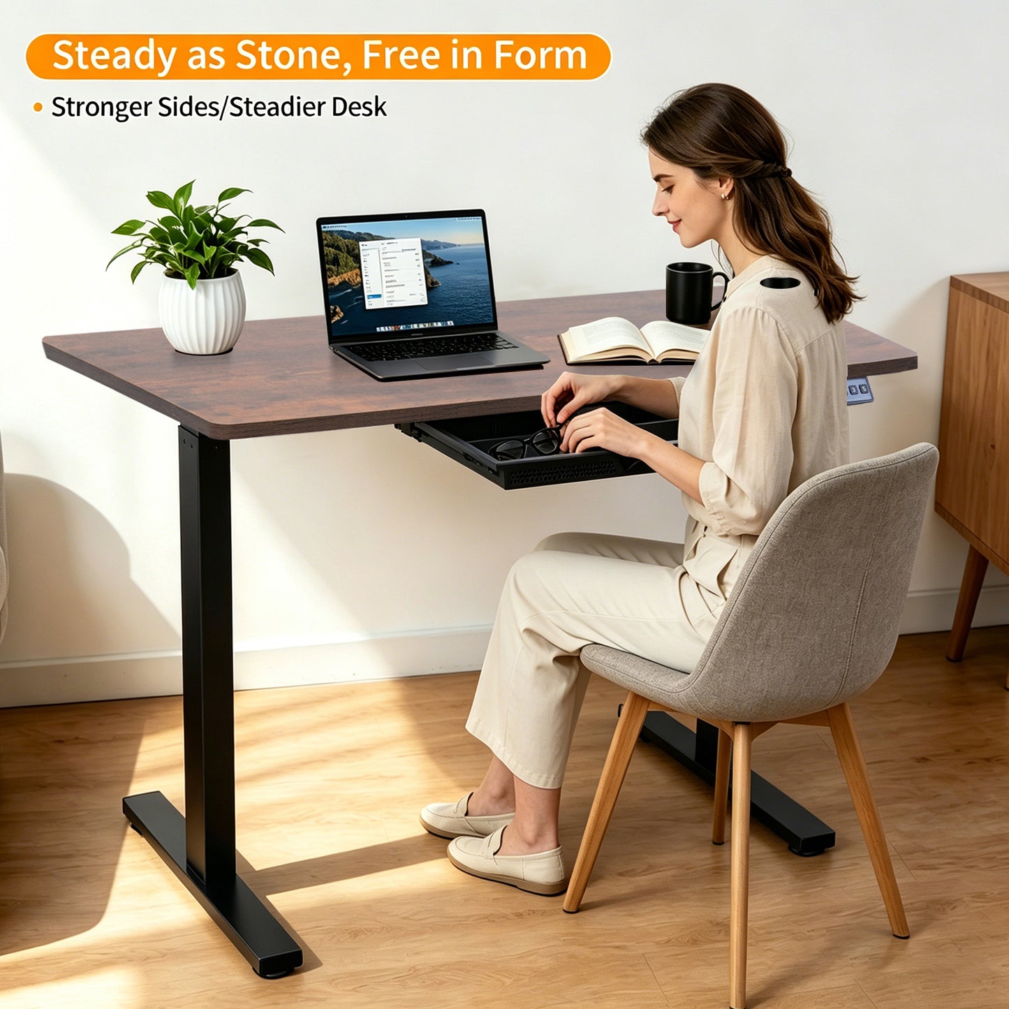 Electric Standing Desk 100x60cm with Drawer, Height Adjustable Sit Stand Desk with Memory Preset, Home Office Computer Desk, Black +Tiger stripe