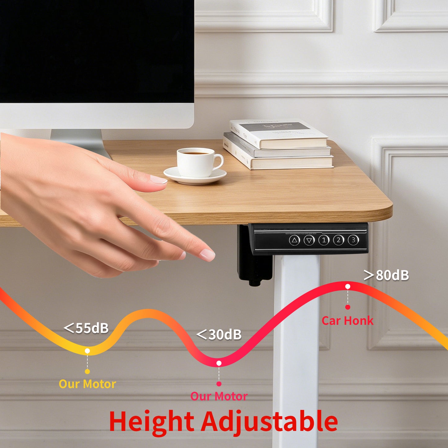 120 × 60 cm Electric Height Adjustable Standing Desk – Sit Stand Computer Table with Digital Control, Hooks & Large Worktop for Home Office, Natural Oak