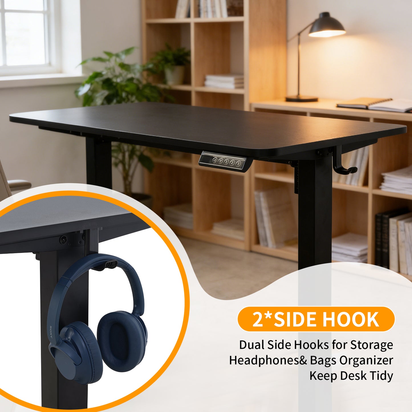120 × 60 cm Electric Height Adjustable Standing Desk – Sit Stand Computer Table with Digital Control, Hooks & Large Worktop for Home Office, Black