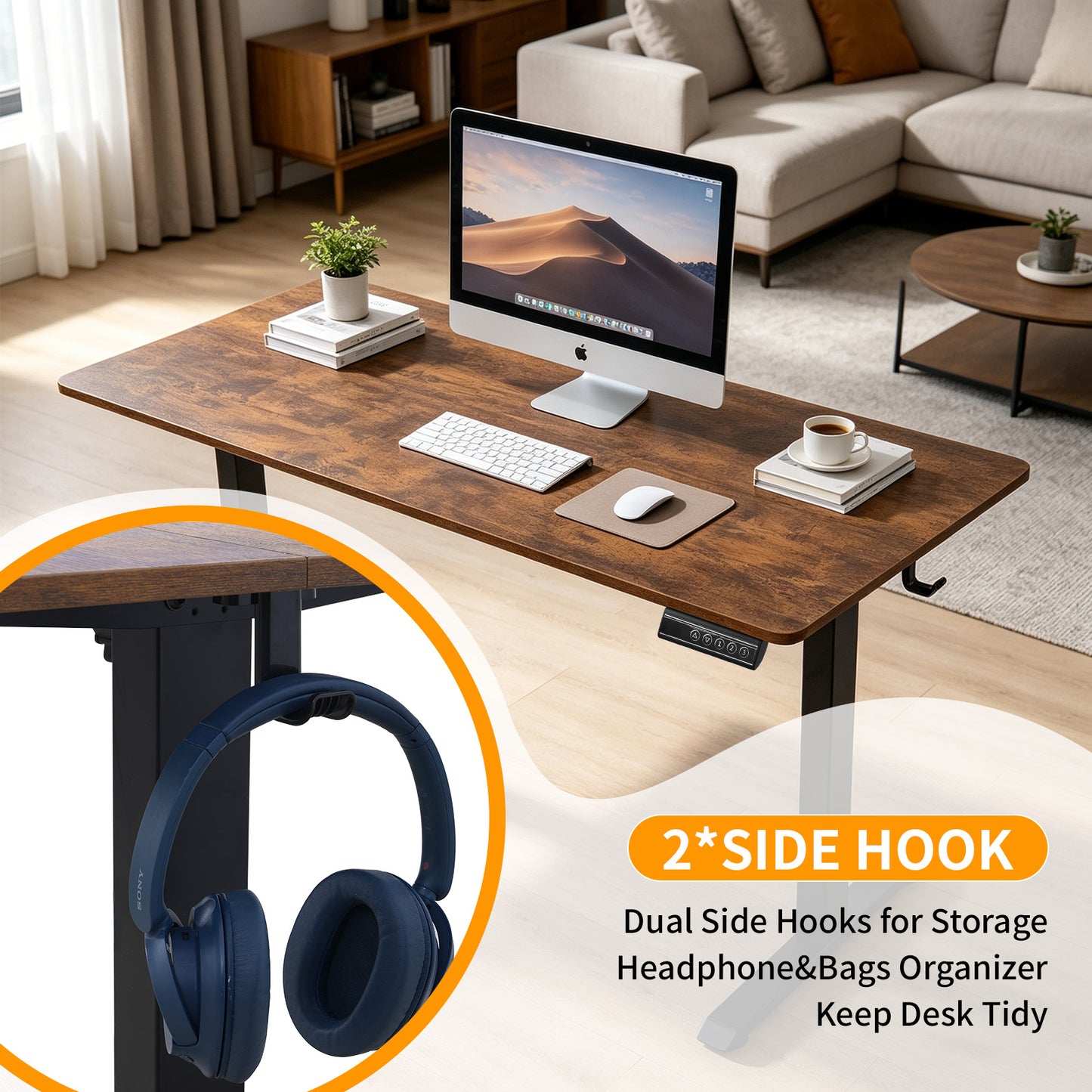 140 × 60 cm Electric Height Adjustable Standing Desk – Sit Stand Computer Table with Digital Control, Hooks & Large Worktop for Home Office, Walnut